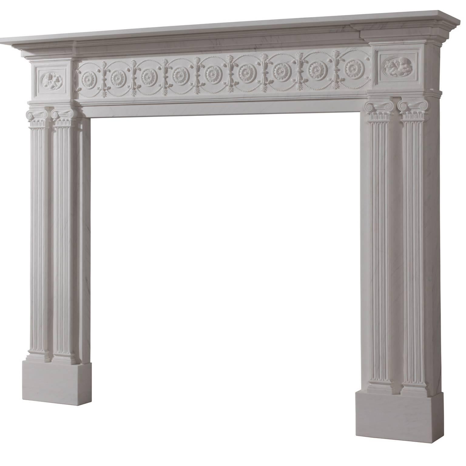 18th Century Georgian Style Hand-Carved White Marble Fireplace Mantle For Sale