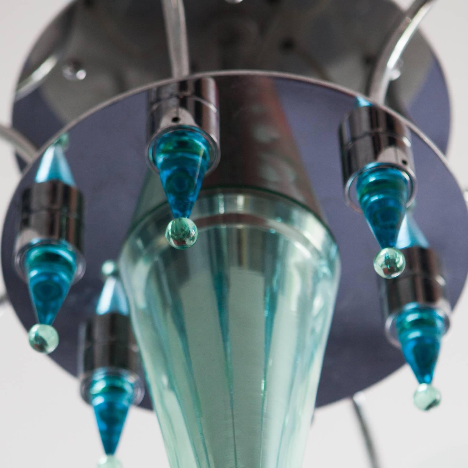 A very rare Murano 1960s Italian stylish mint green with turquoise colored chandelier with matching droplets.