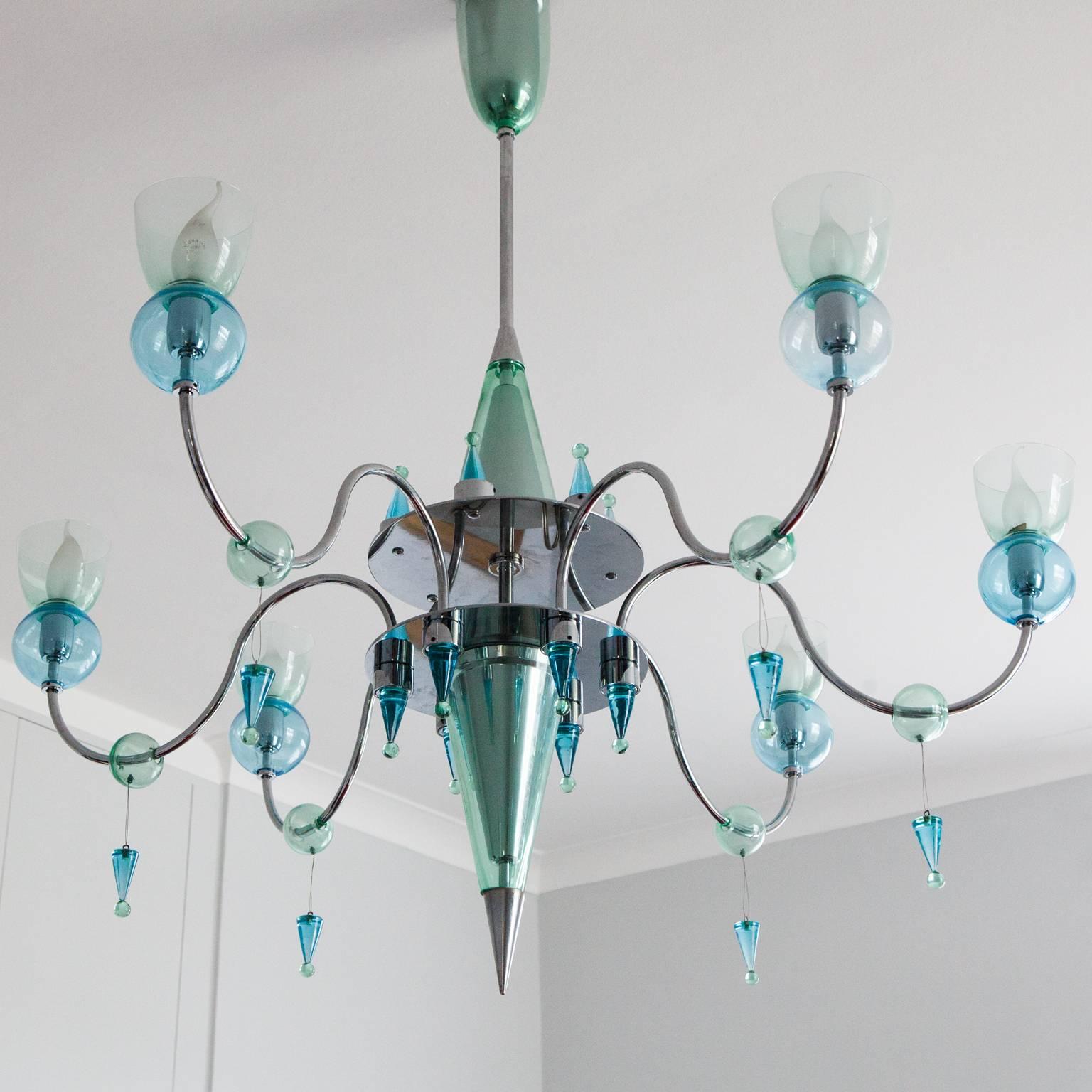 Minimalist 20th Century Italian Mint Green and Turquoise Murano Glass Chandelier, 1960s