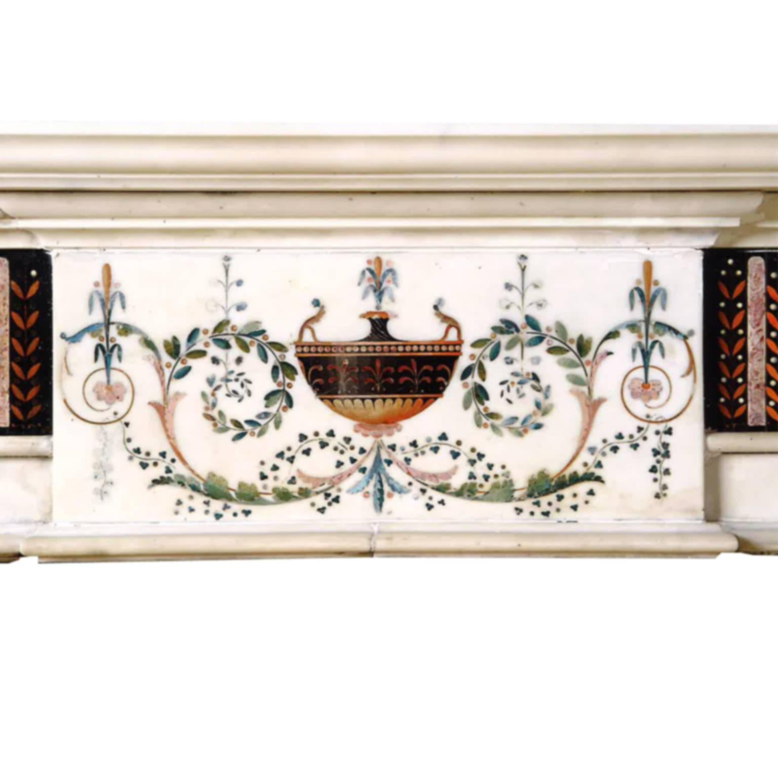 This white hand-carved marble chimney-piece with Scagliola inlay and break fronted shelf attributed to Pietro Bossi who is known to have worked in Dublin from 1785-1798.

Not much is known about Pietro Bossi, although much inlay work of the late