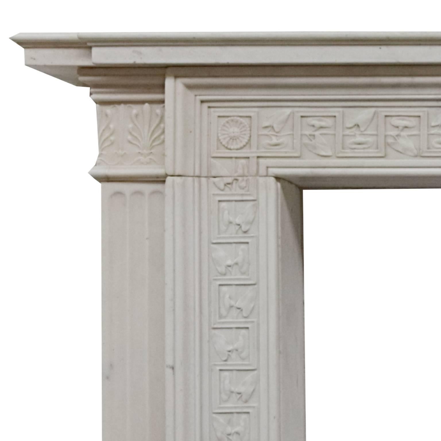 An elegant and exceptionally rare 19th century regency statuary marble mantelpiece. Believed to be an original sir John Soane fireplace.
Salvaged from a derelict London town house during its renovation period, and discovered behind a wooden covered
