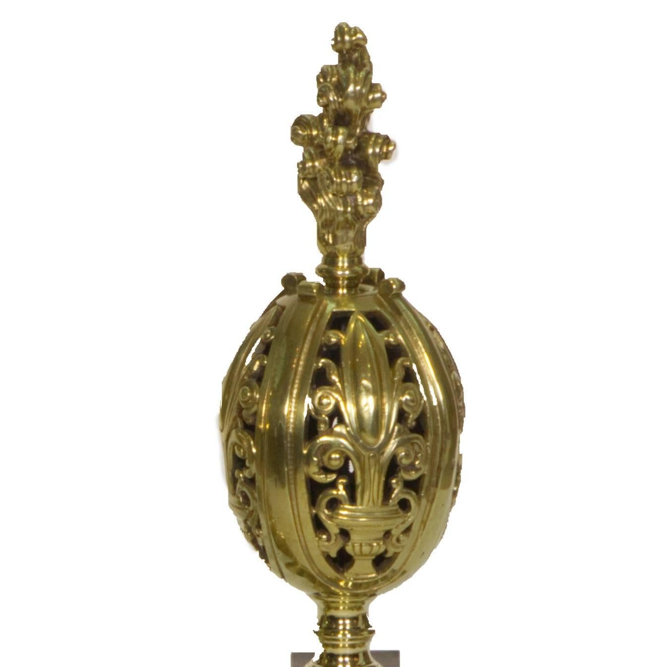 Polished 19th Century Antique Brass Fire Dogs, Pierced Globes Flame-Burst Finials