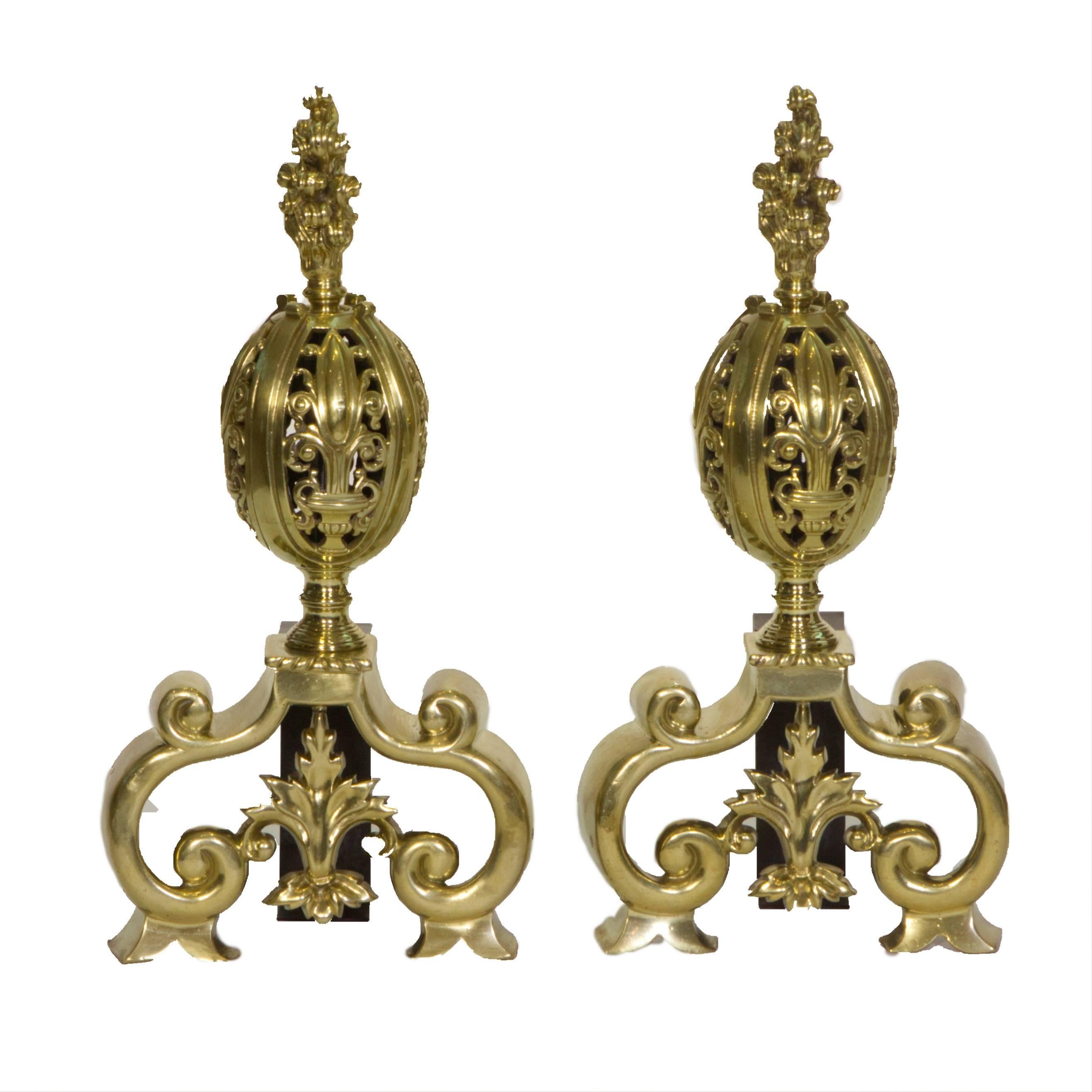 19th Century Antique Brass Fire Dogs, Pierced Globes Flame-Burst Finials