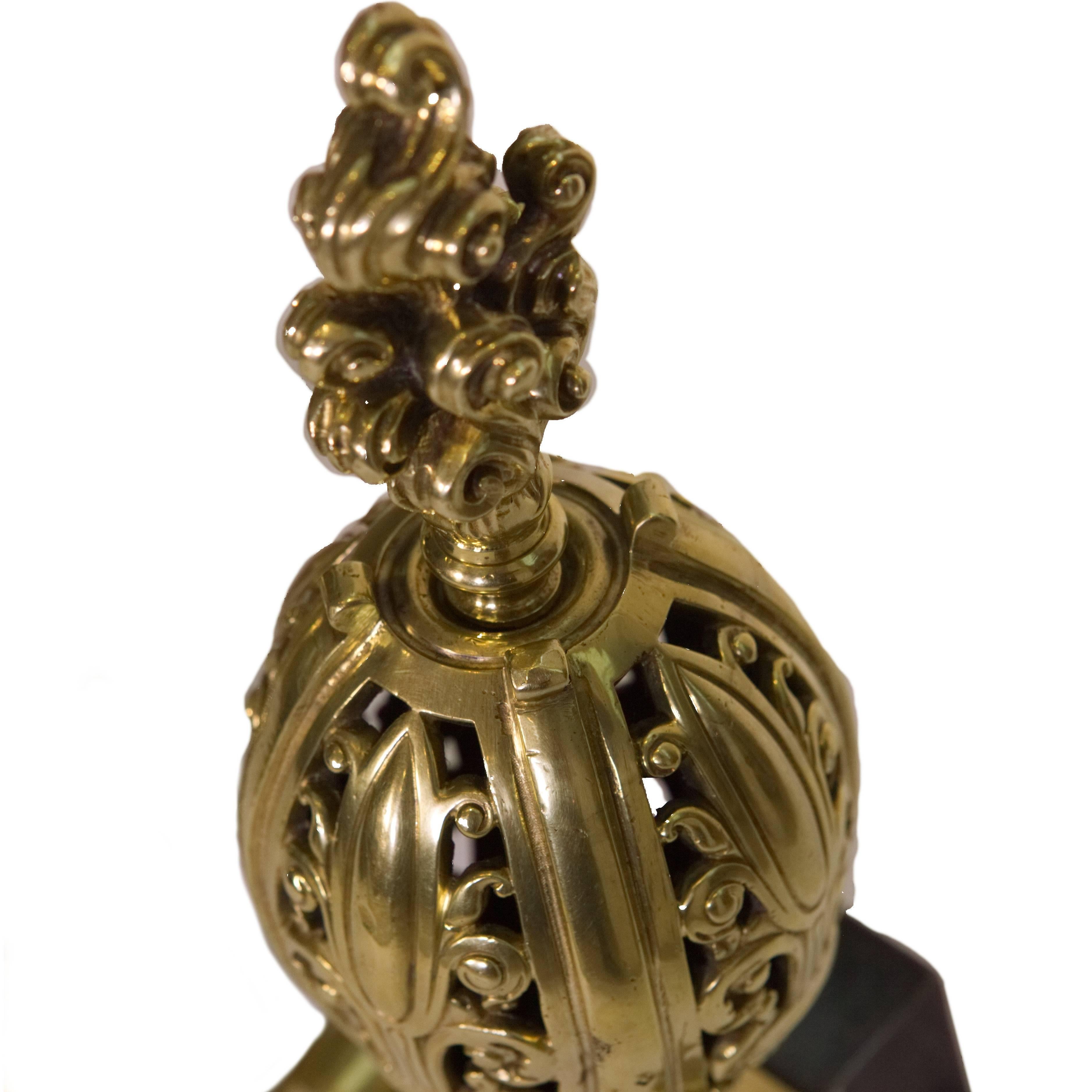 19th Century Antique Brass Fire Dogs, Pierced Globes Flame-Burst Finials In Excellent Condition In London, GB
