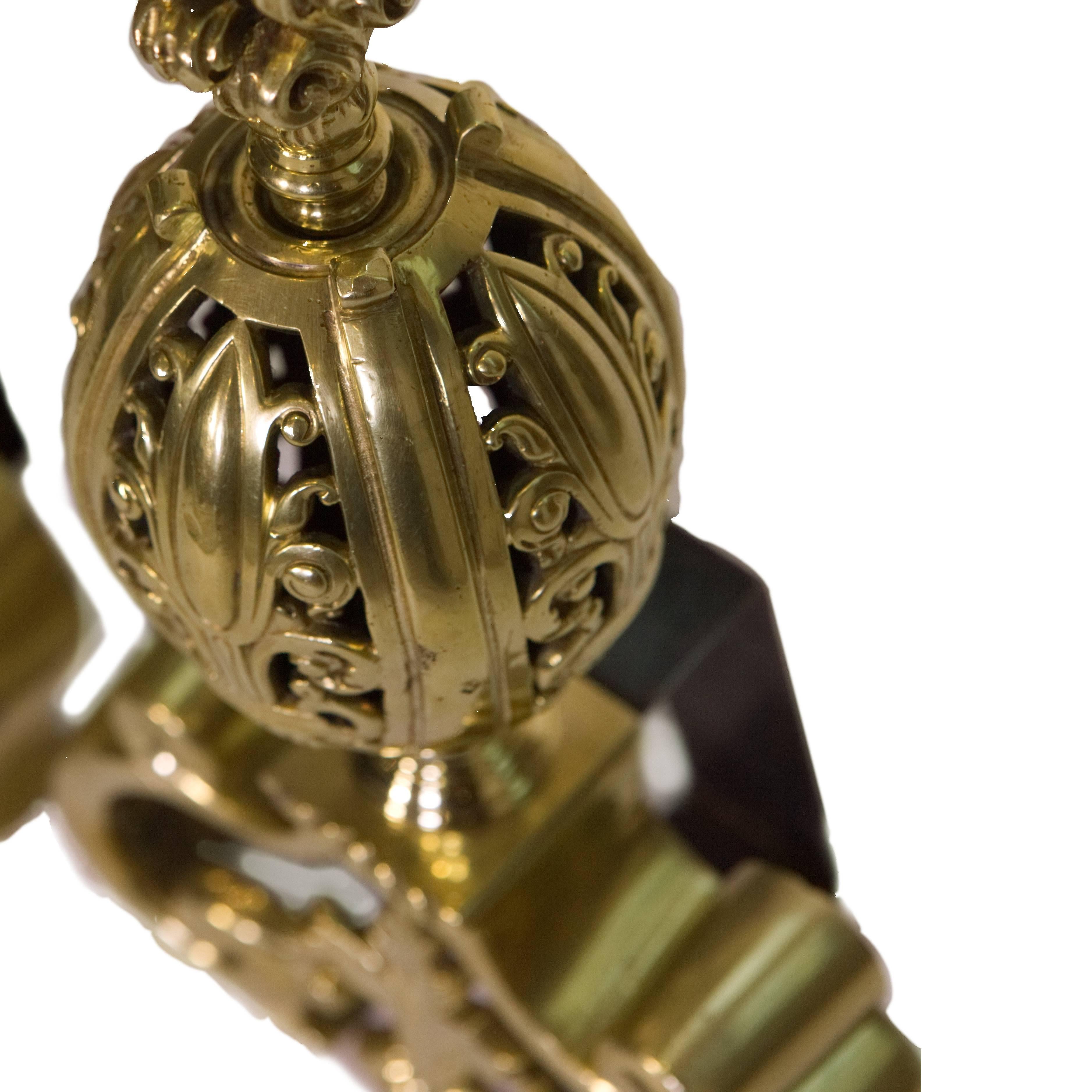 Victorian 19th Century Antique Brass Fire Dogs, Pierced Globes Flame-Burst Finials