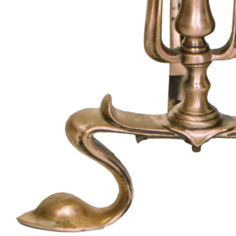 Cast Art Nouveau Copper Andirons 