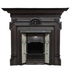 19th Century Polished Cast Iron Victorian Fireplace Surround and Tiled Insert