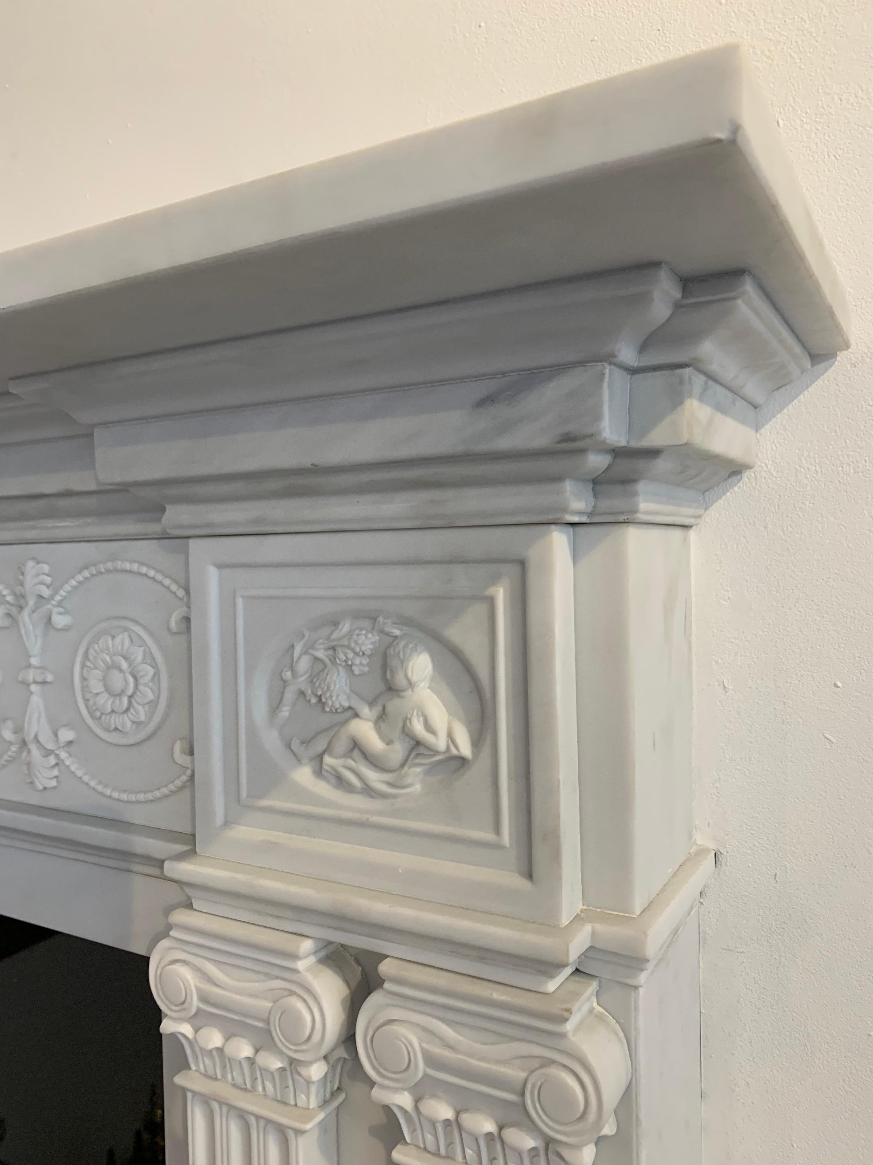 18th Century Georgian Style Hand-Carved White Marble Fireplace Mantle For Sale 6