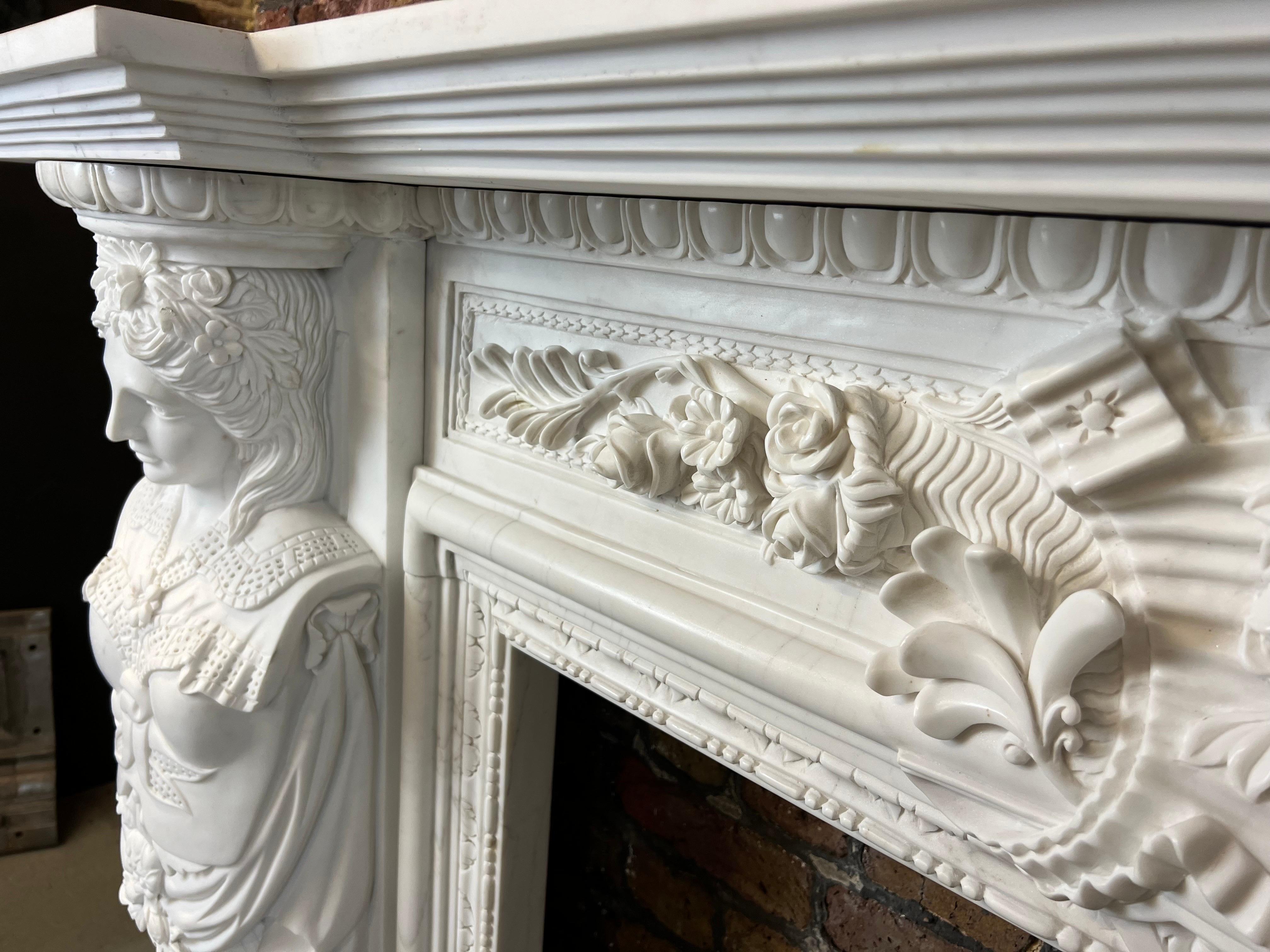 20th Century, Hand Carved Statuary Marble English Fireplace. For Sale 8