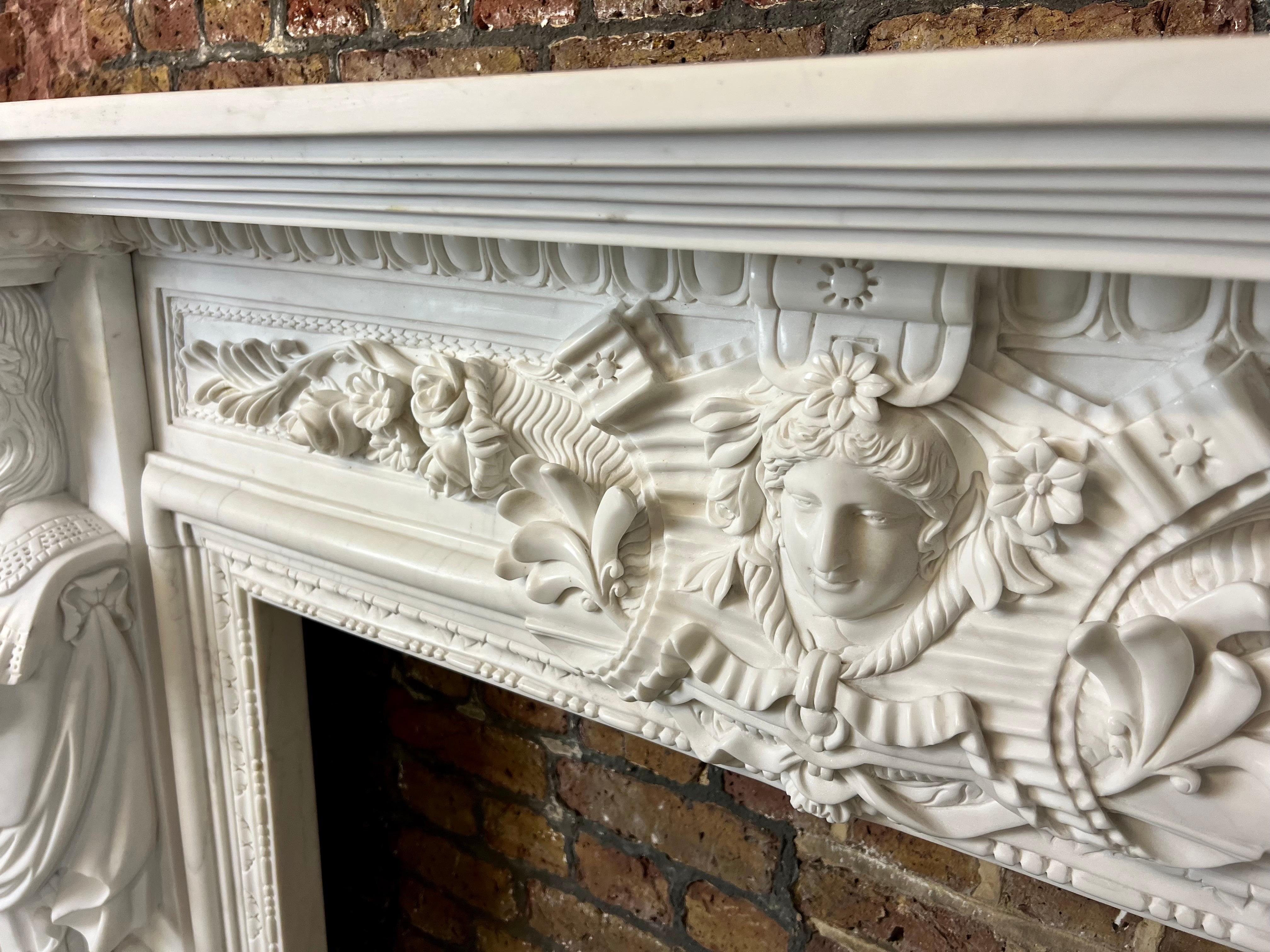 20th Century, Hand Carved Statuary Marble English Fireplace. For Sale 9