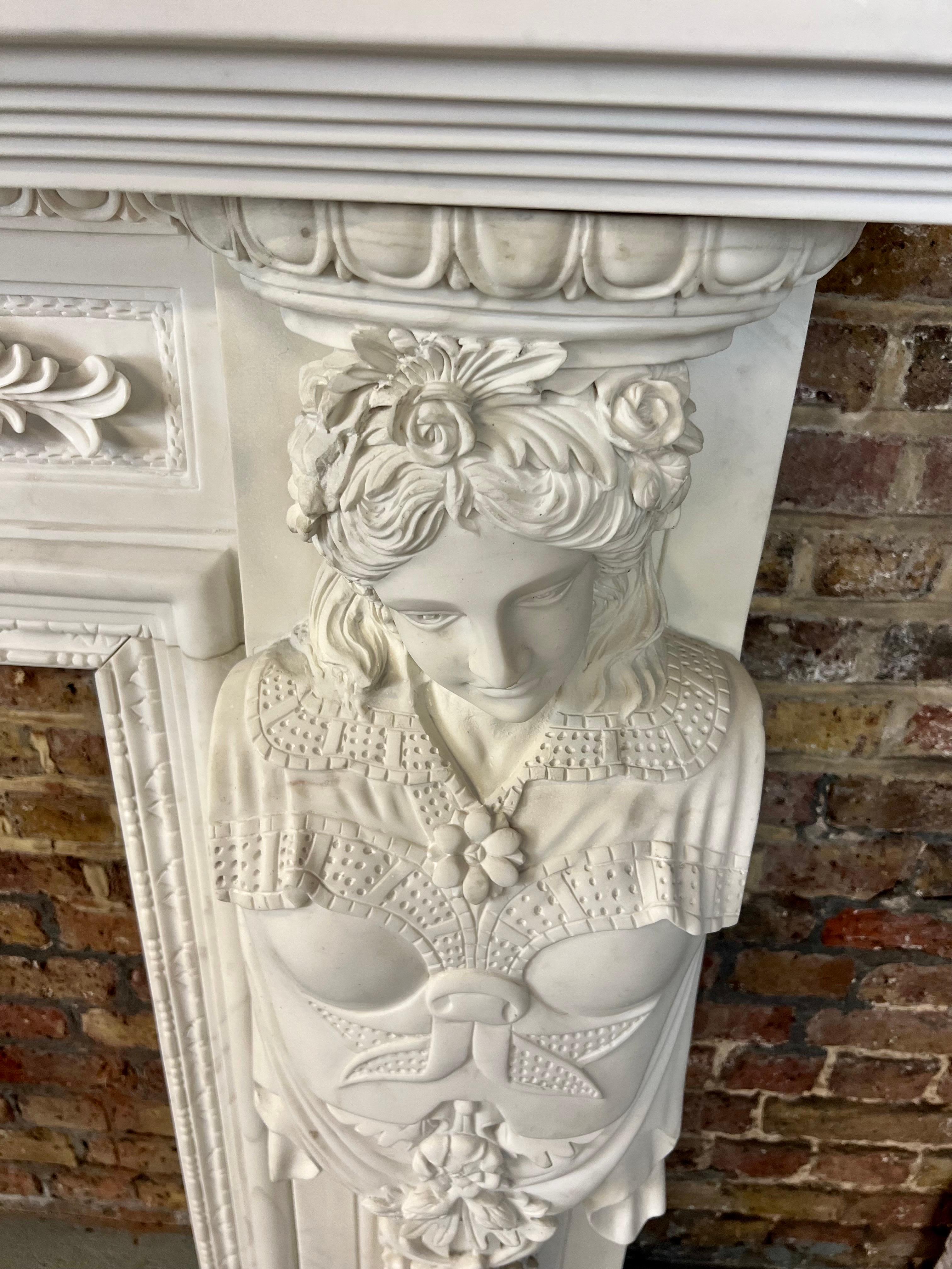 20th Century, Hand Carved Statuary Marble English Fireplace. For Sale 11