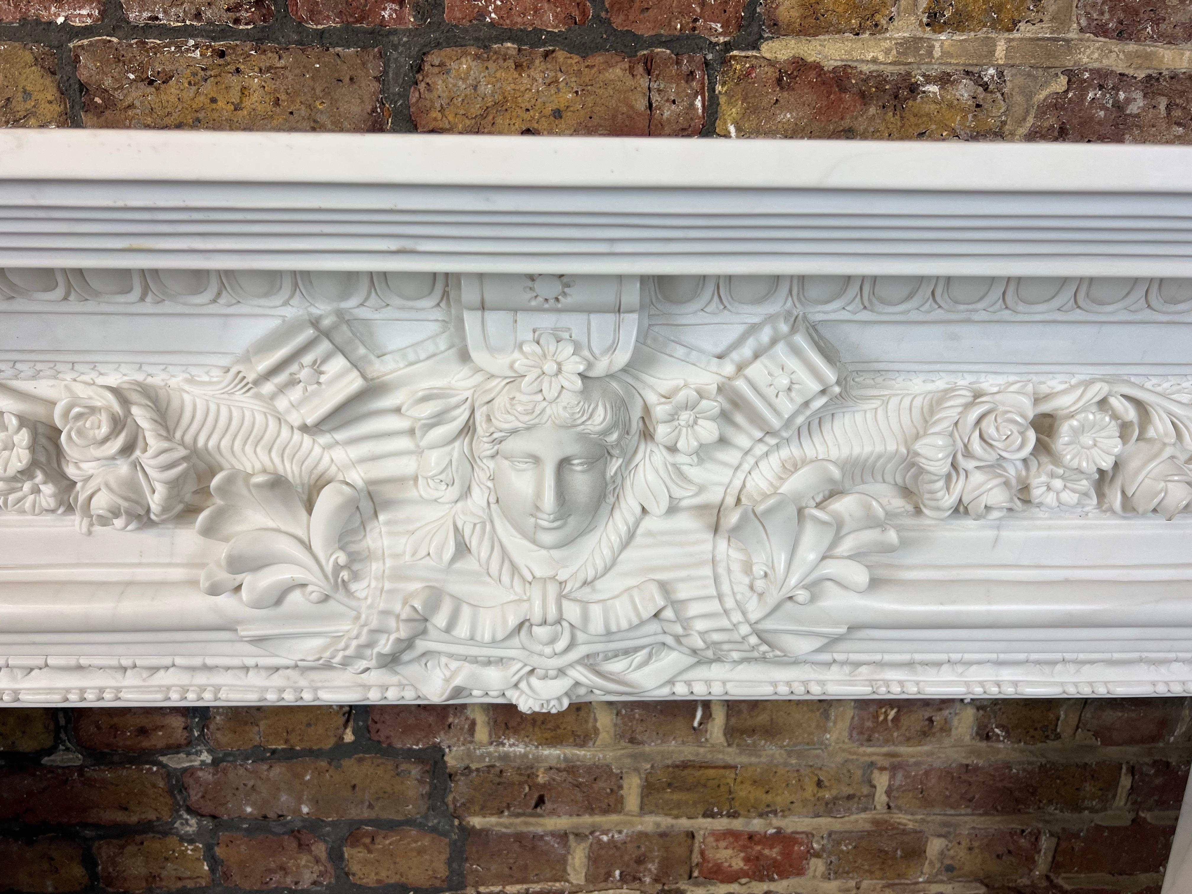 20th Century, Hand Carved Statuary Marble English Fireplace. For Sale 12