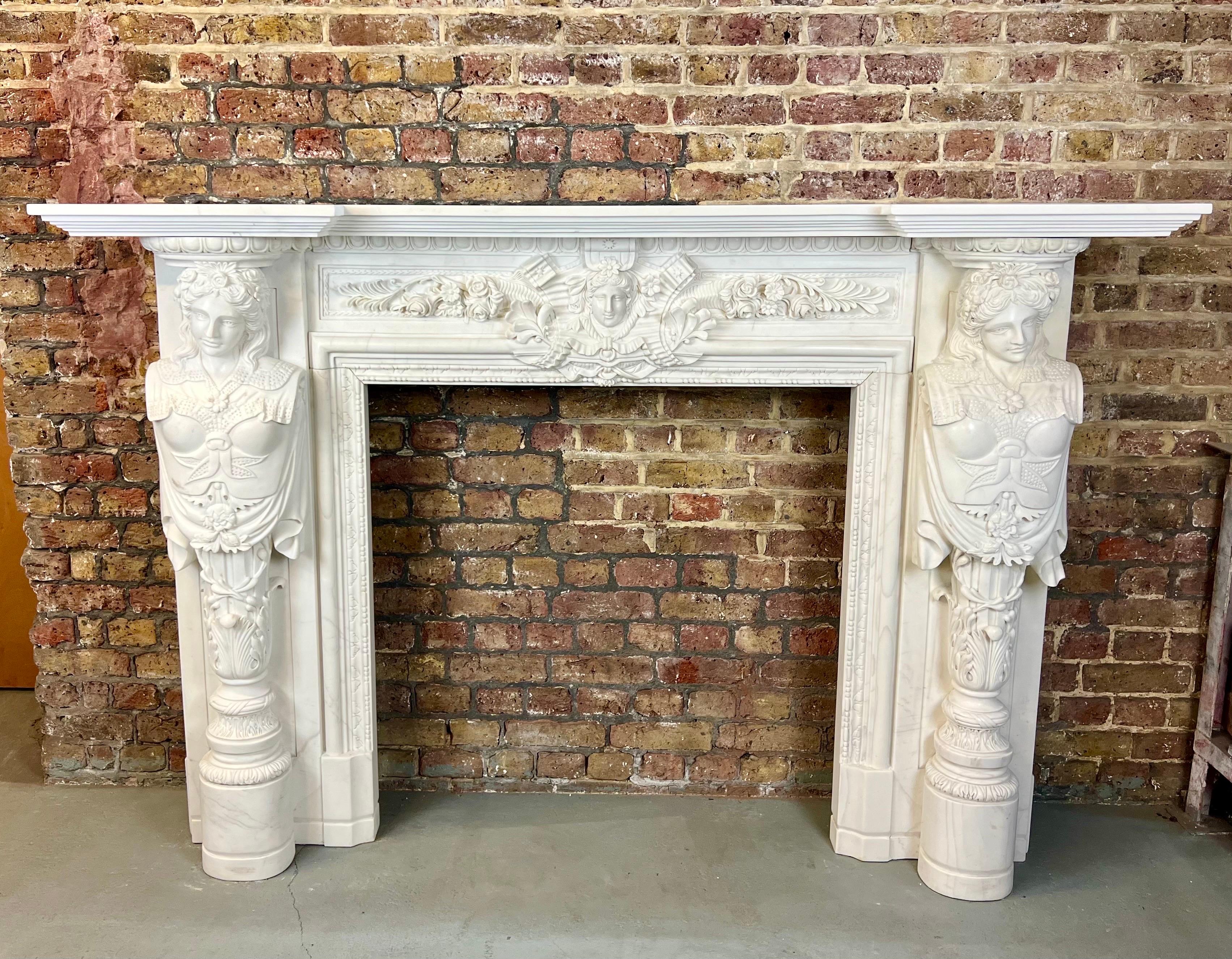 20th Century, Hand Carved Statuary Marble English Fireplace. For Sale 13