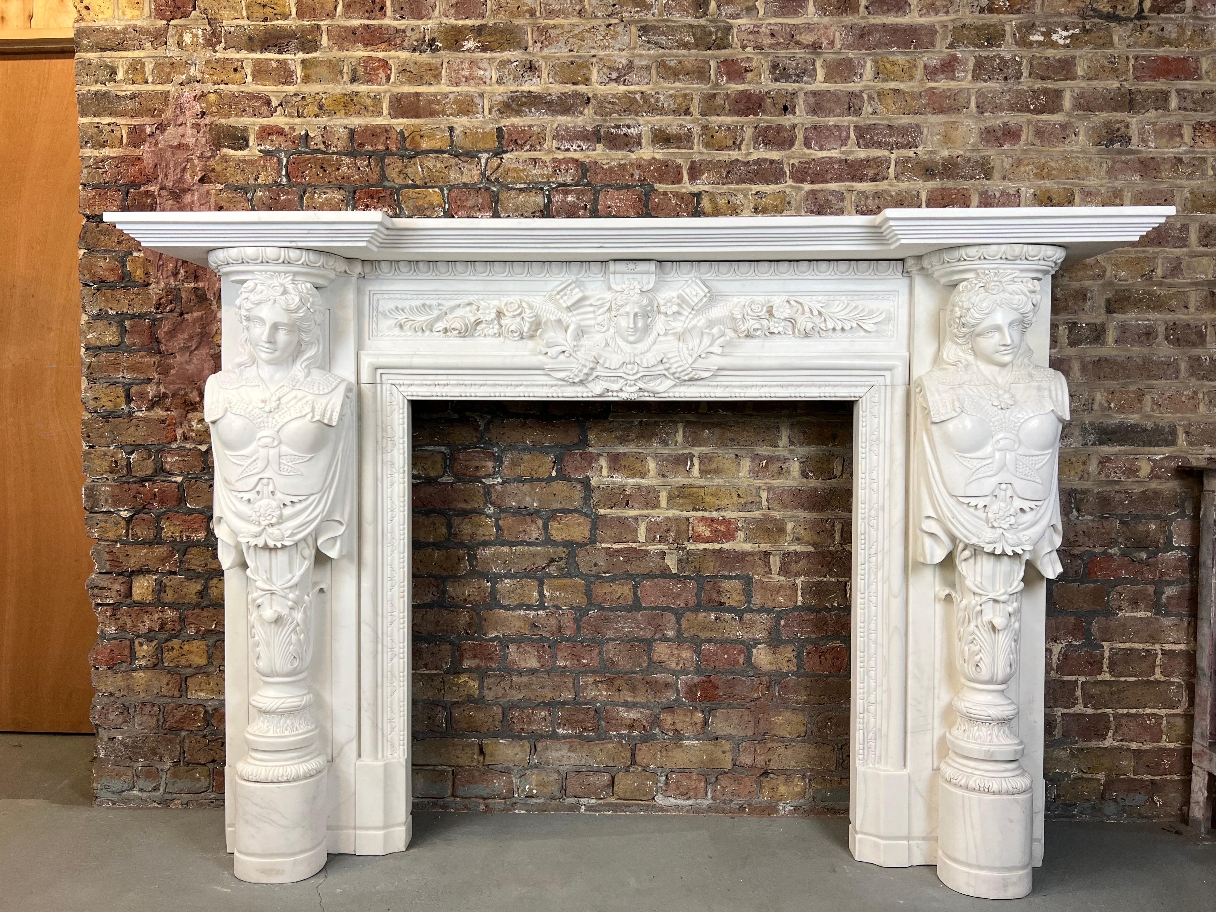 20th Century, Hand Carved Statuary Marble English Fireplace. For Sale 14