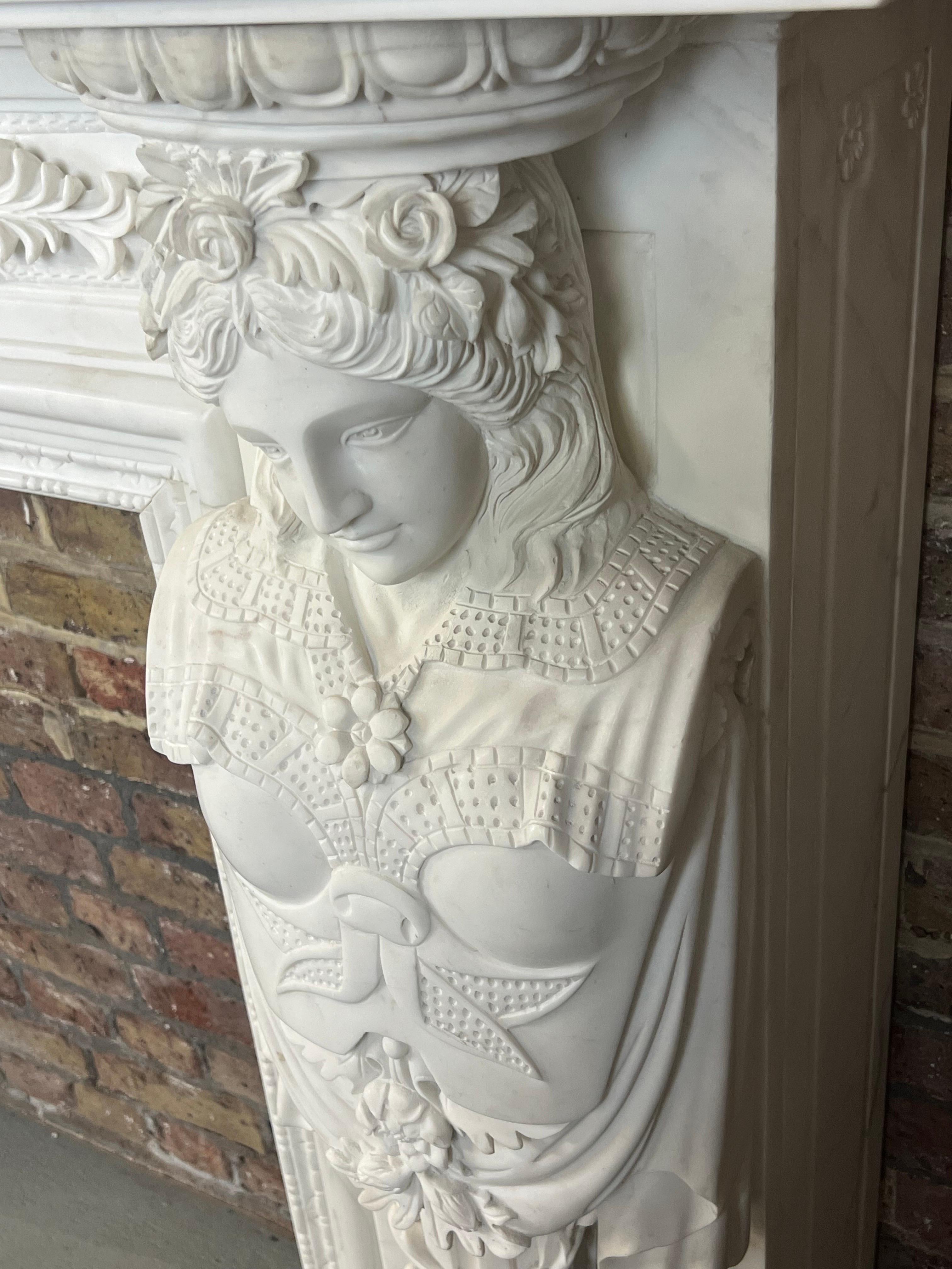 Victorian 20th Century, Hand Carved Statuary Marble English Fireplace. For Sale