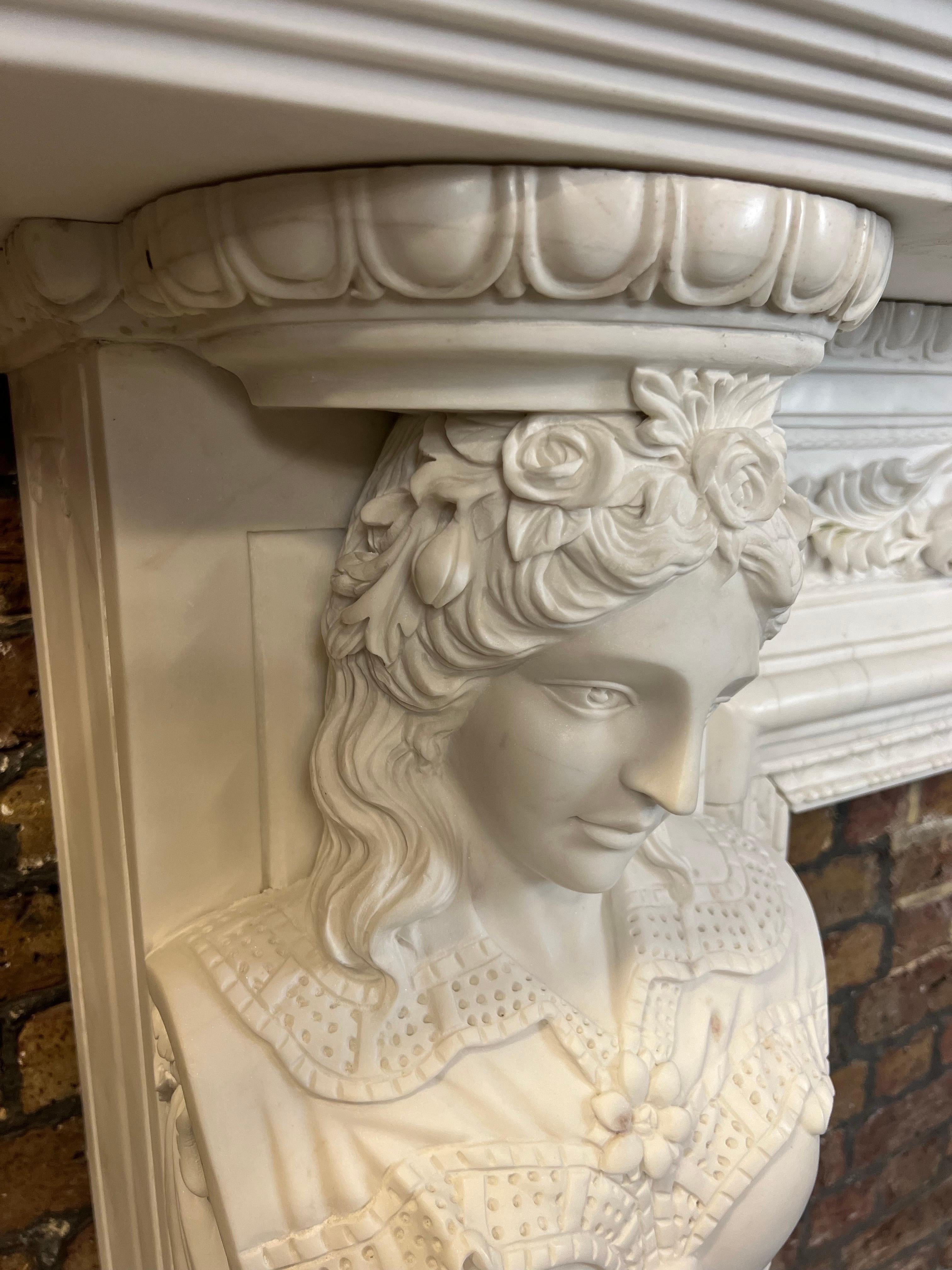 Hand-Carved 20th Century, Hand Carved Statuary Marble English Fireplace. For Sale
