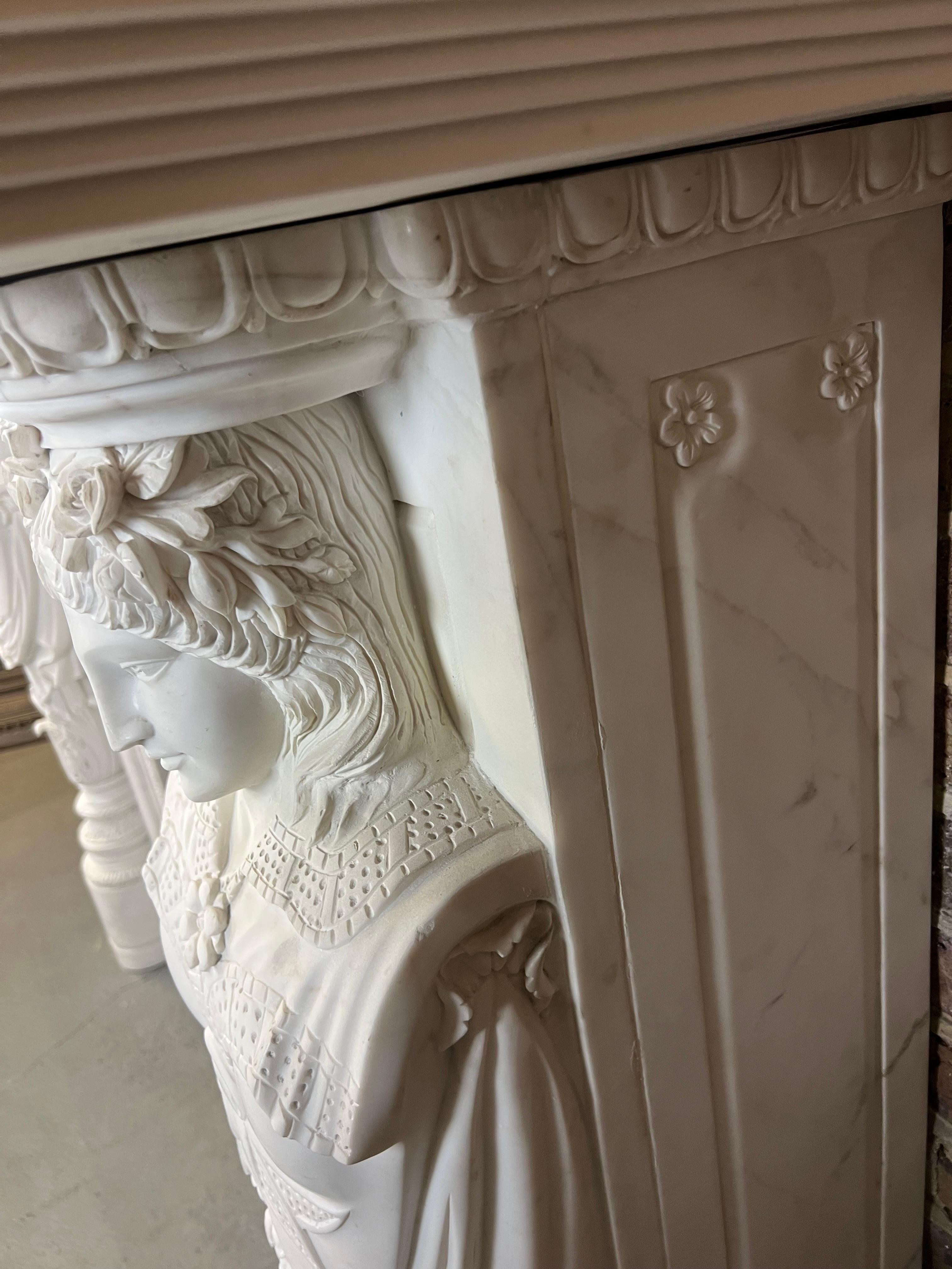 20th Century, Hand Carved Statuary Marble English Fireplace. For Sale 2