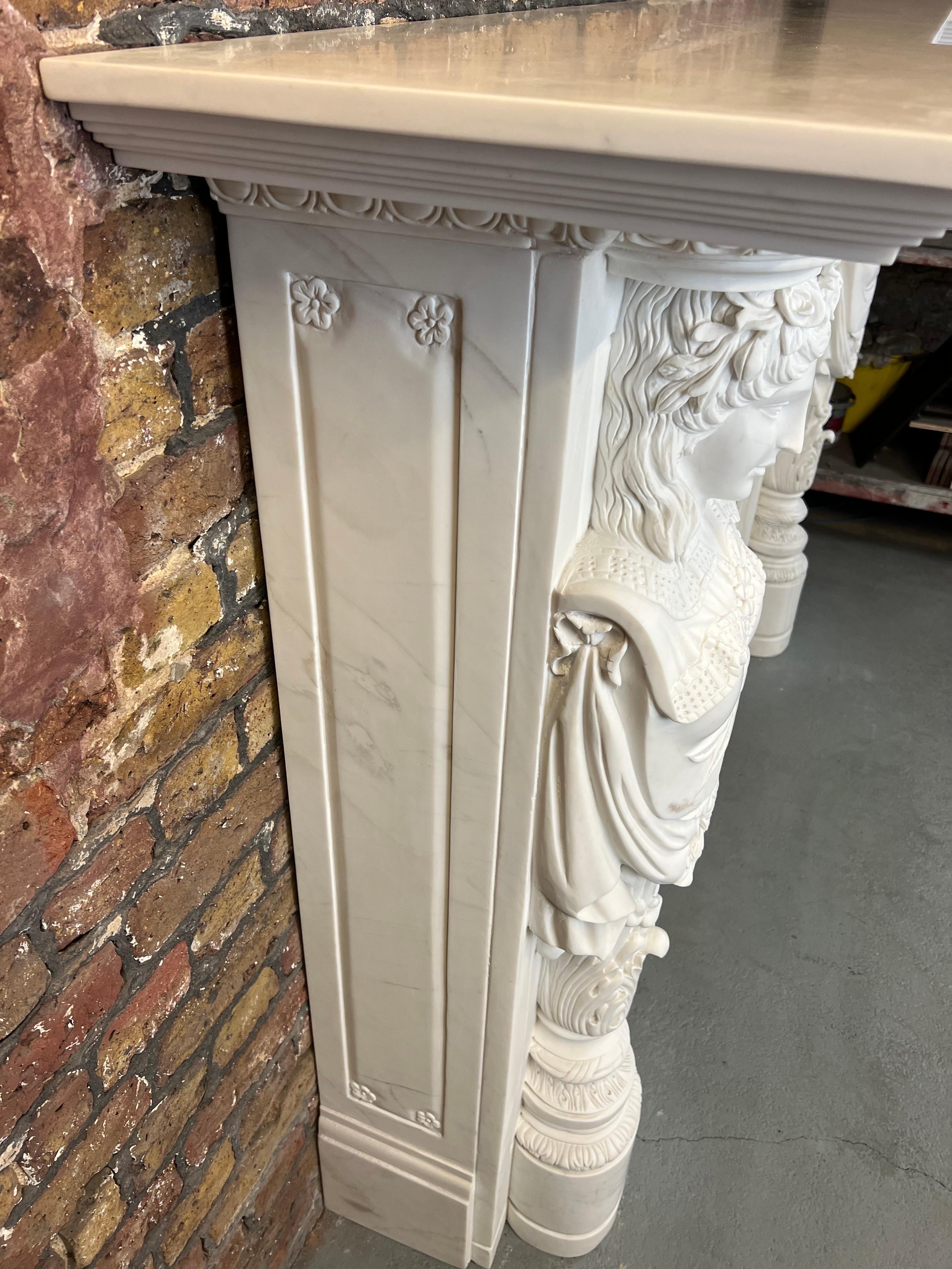 20th Century, Hand Carved Statuary Marble English Fireplace. For Sale 4