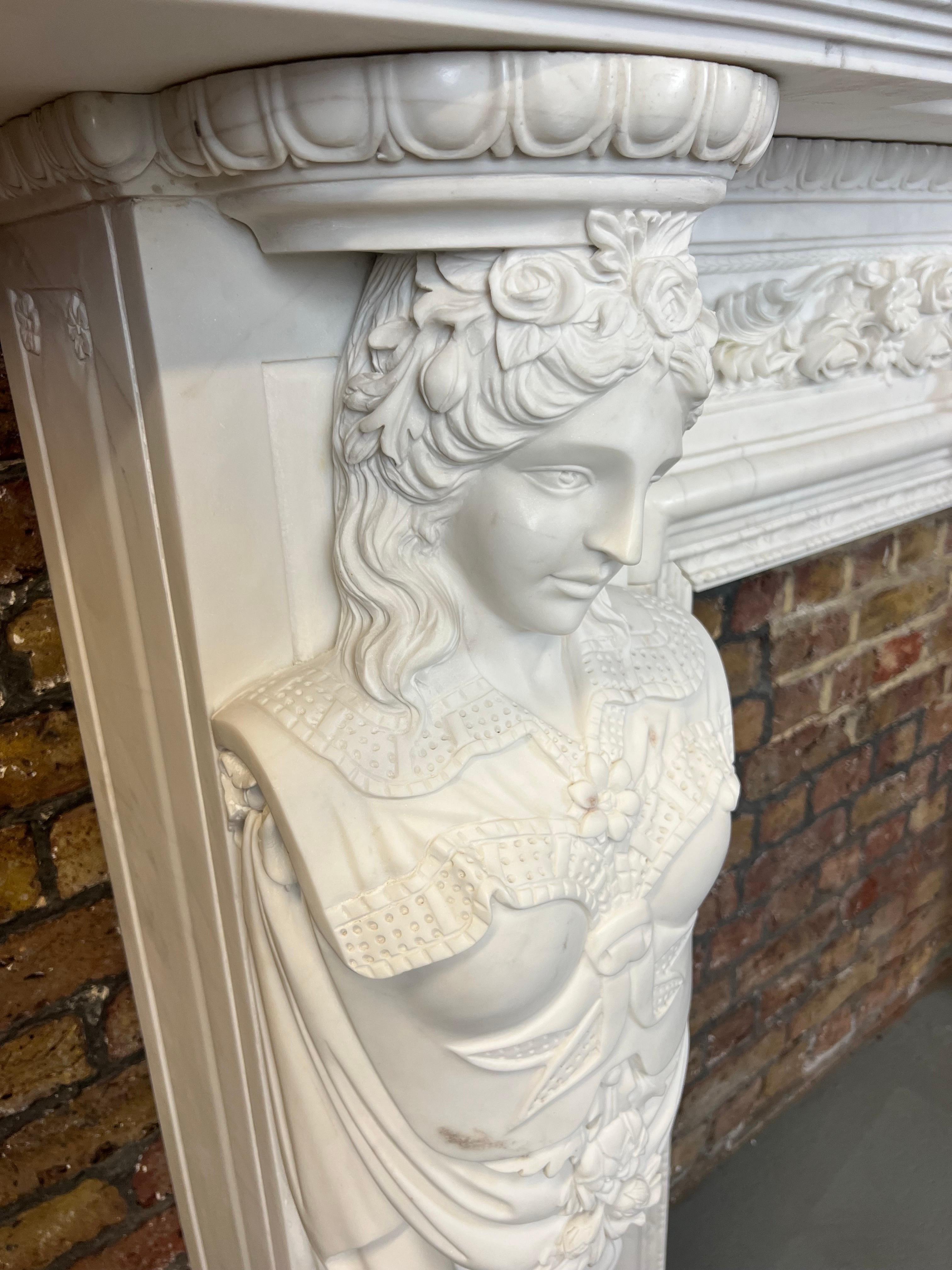 20th Century, Hand Carved Statuary Marble English Fireplace. For Sale 5