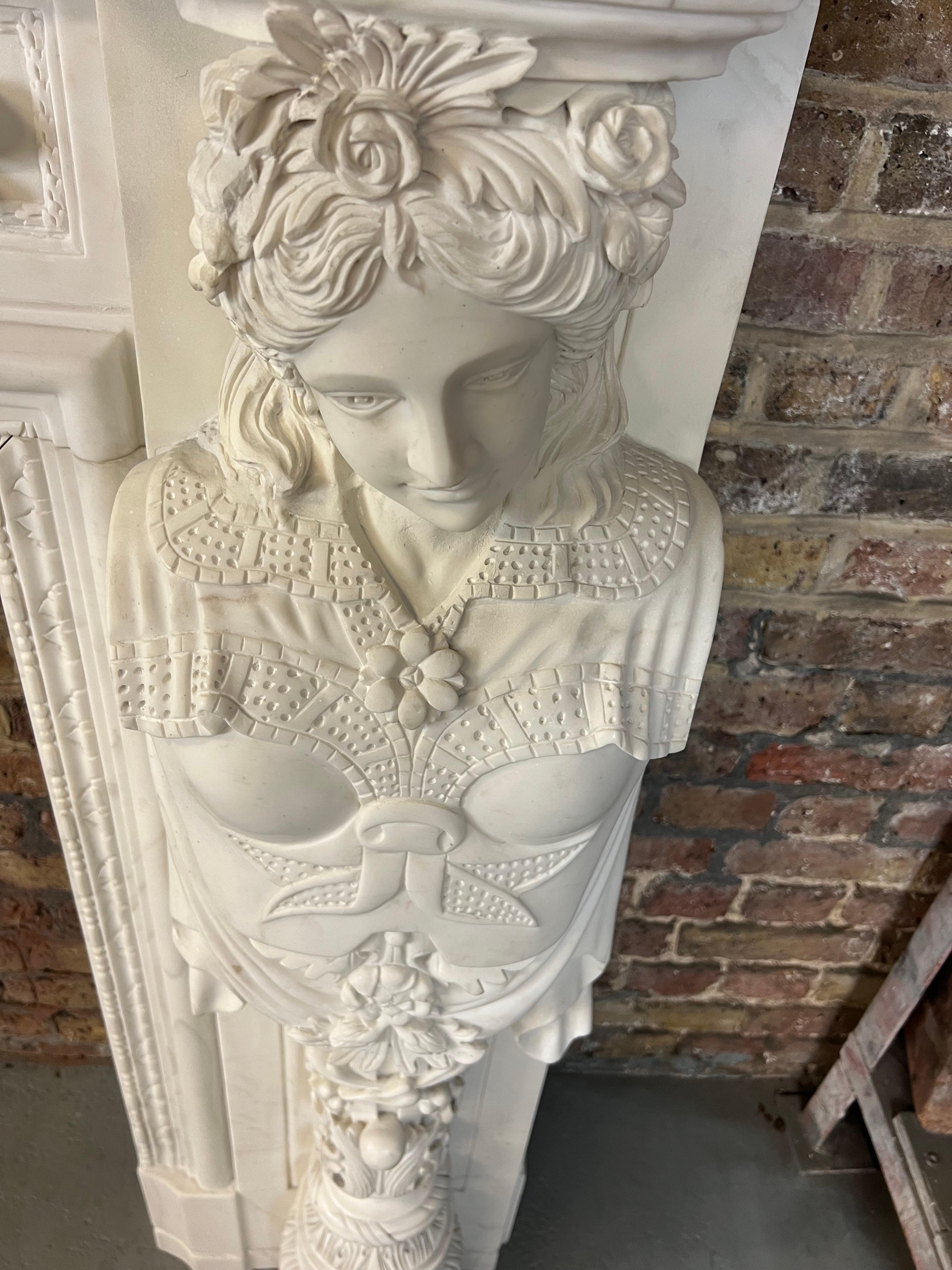 20th Century, Hand Carved Statuary Marble English Fireplace. For Sale 7