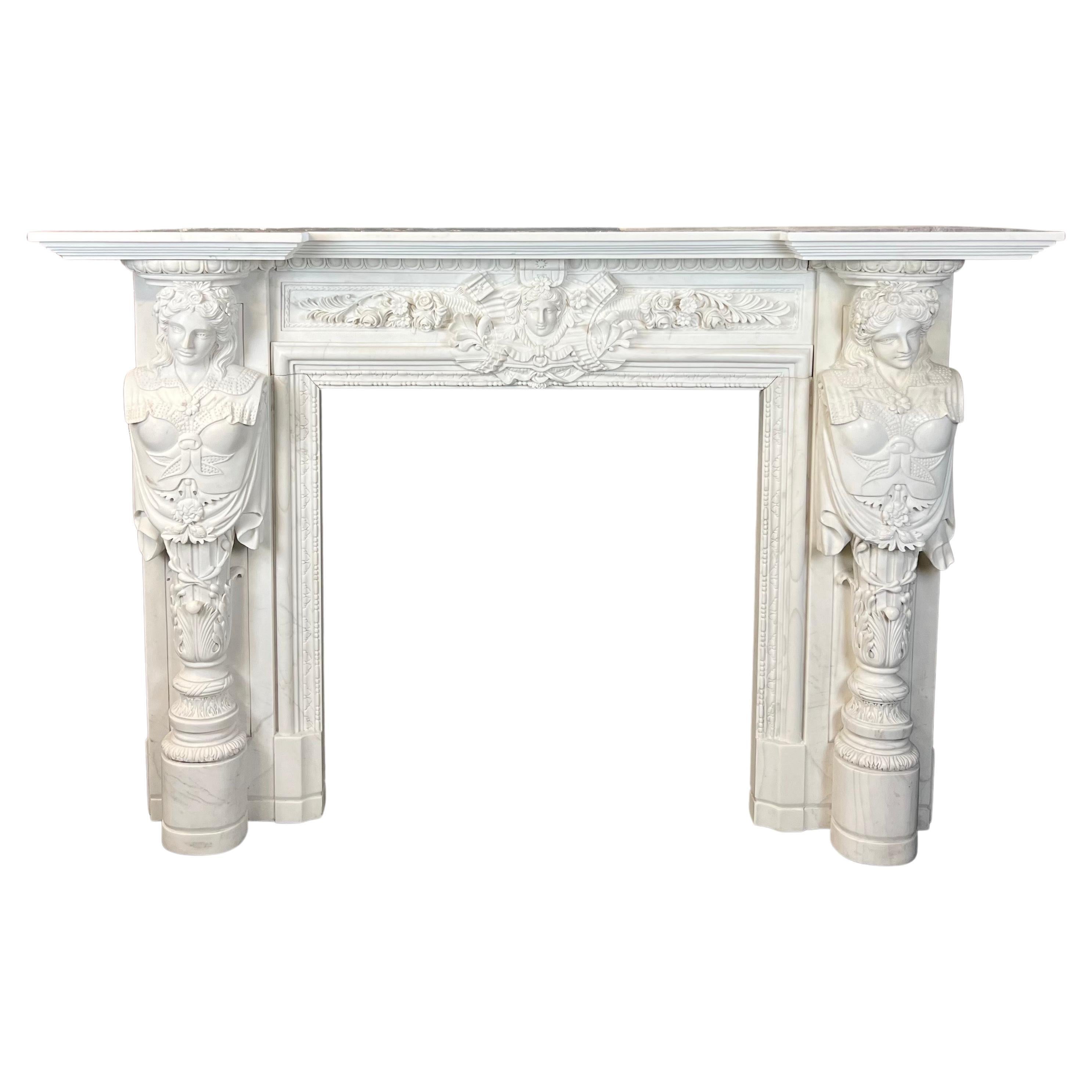 20th Century, Hand Carved Statuary Marble English Fireplace.