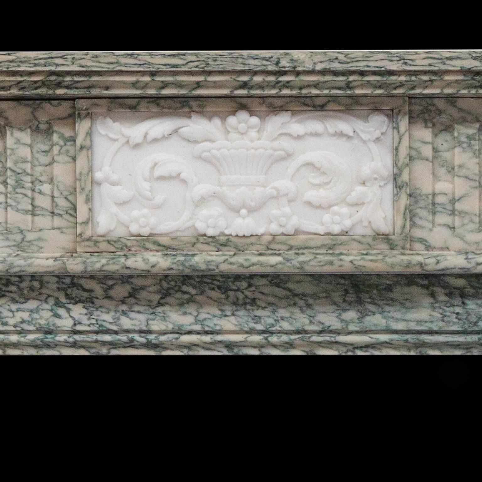 Hand-Carved 19th Century Neoclassical Louis XVI Fireplace Mantel In Campam Vert Marble