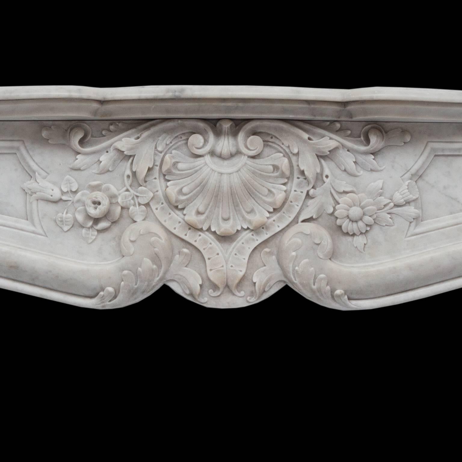 French 19th Century Rich Sculpted Louis XVI White Carrara Marble Fireplace Mantel