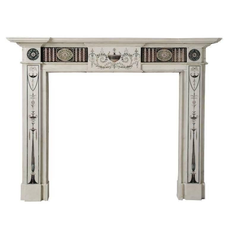 18th Century Bossi Hand-Carved Statuary Marble Fireplace with Scagliola Inlay In Good Condition For Sale In London, GB