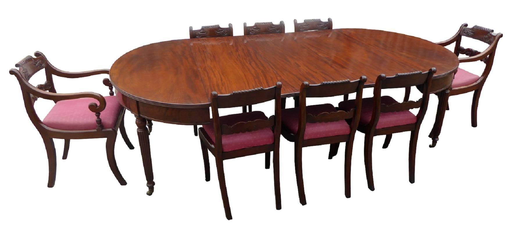 For sale is an exceptionally good quality Regency mahogany dining table in the manner of Gillows. In its simplest form, the table is an oval, standing on elegantly turned and fluted legs. The table then pulls out to support additional leaves. In