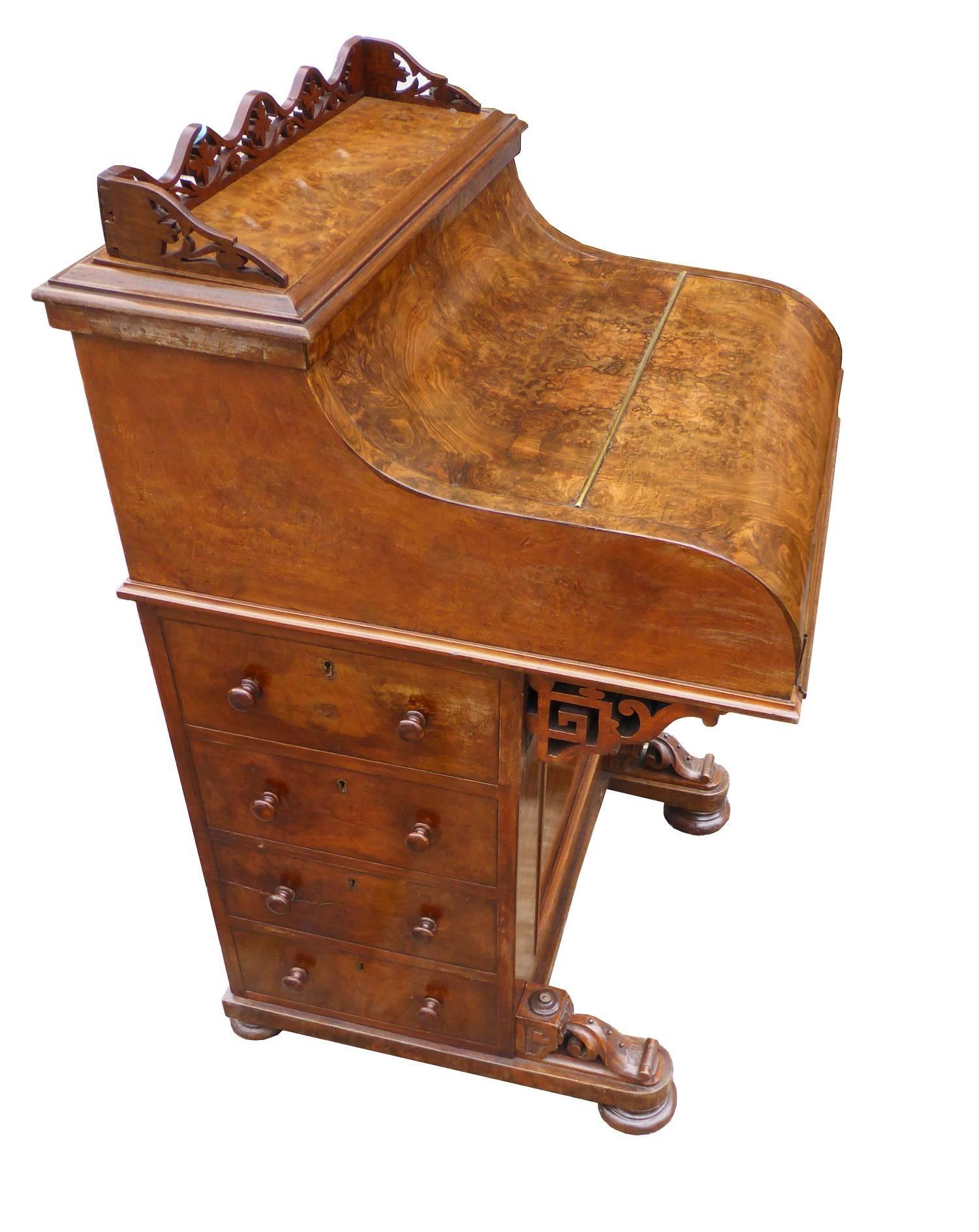 English 19th Century Burr Walnut Piano Top Pop Up Davenport