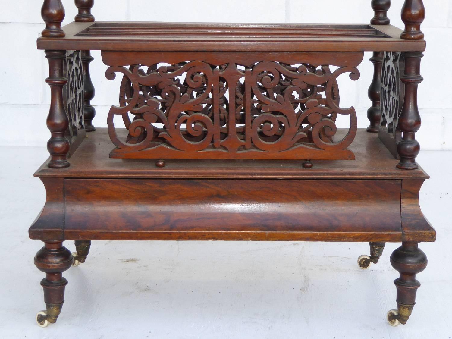 For sale is a good quality Victorian burr walnut Canterbury. The top of the Canterbury has a fretwork gallery above four columns with further fretwork below above a single drawer. This piece is in good condition, with minor wear commensurate with