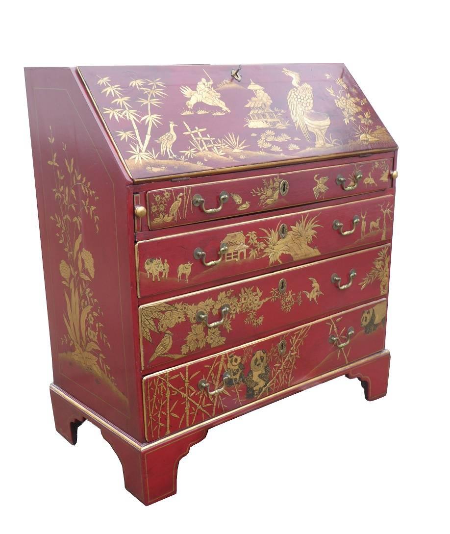 For sale is an 18th century bureau and later red lacquered, highly decorated with Chinese scenes throughout. The fall front opens to reveal a fully fitted interior with matching decoration. The drawer fronts display various scenes including birds,