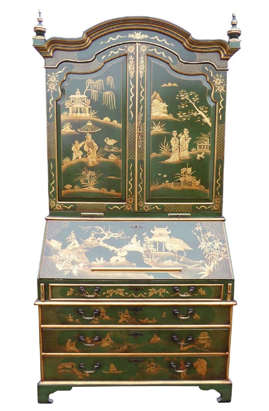 For sale is a good quality 19th century and later decorated chinoiserie Bureau bookcase. The top of the bookcase has two panelled doors, both profusely decorated with chinoiserie, opening to reveal a fully fitted cream interior comprising various