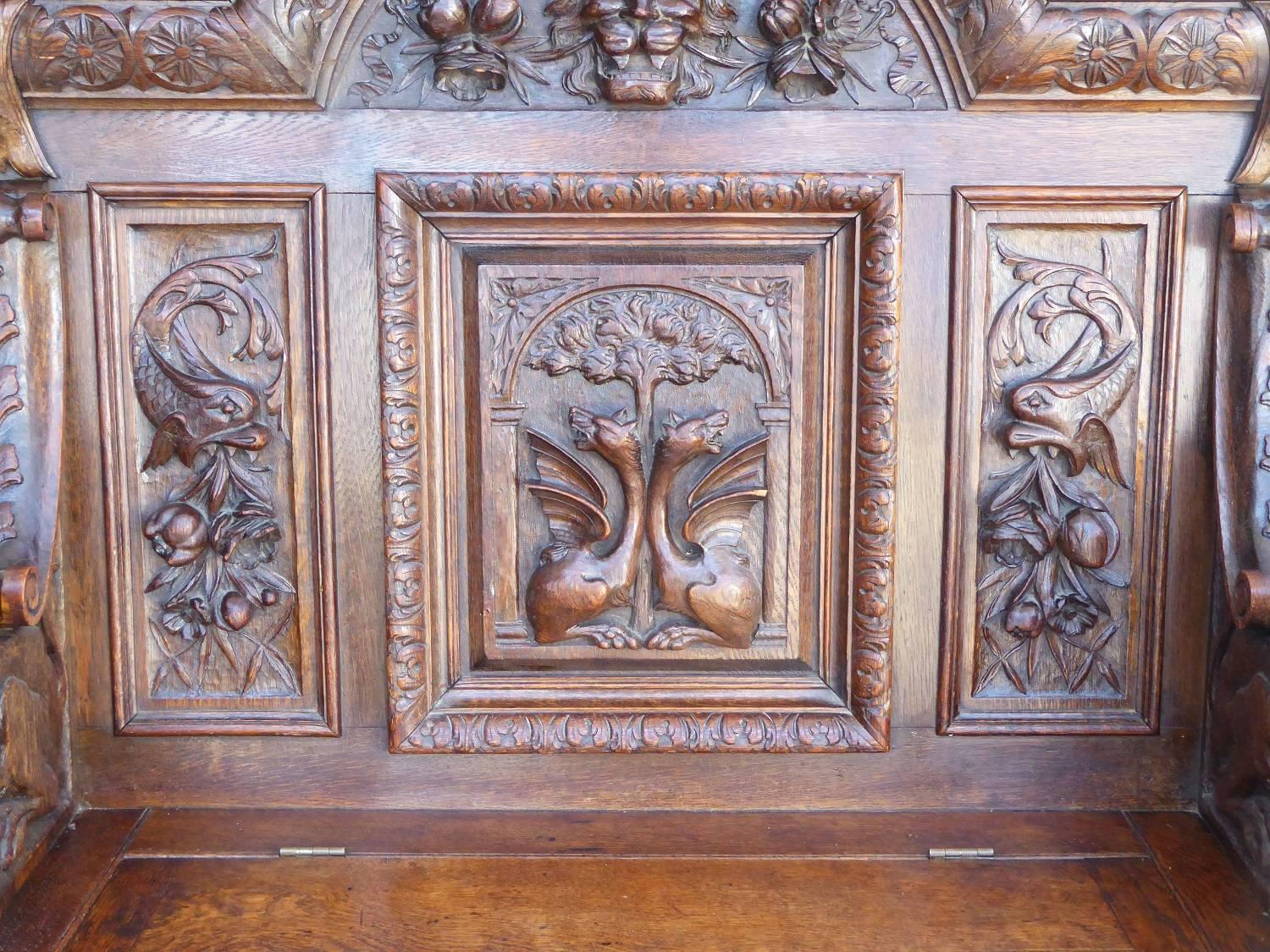 Victorian Superb 19th Century Carved Oak Bench