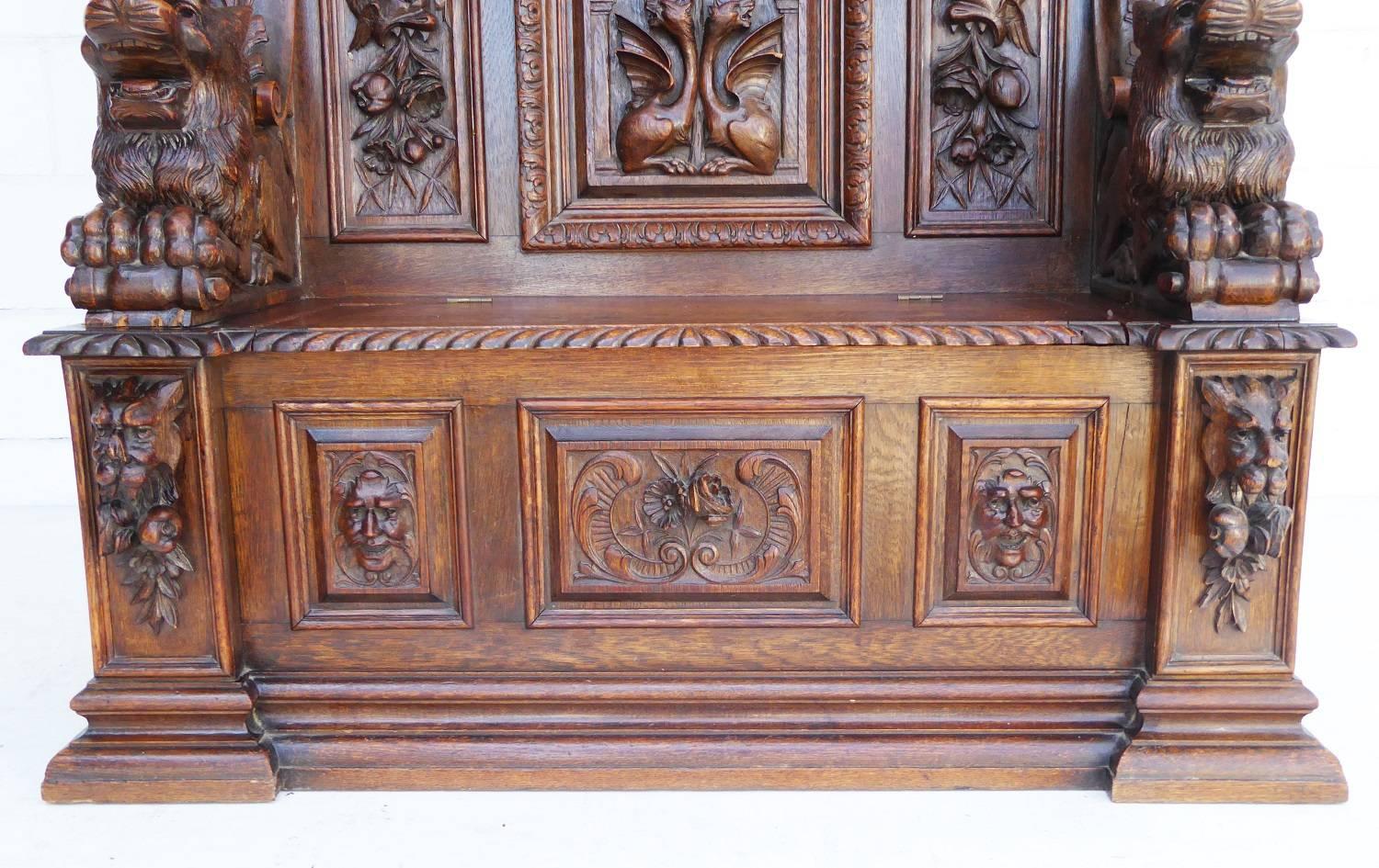 European Superb 19th Century Carved Oak Bench