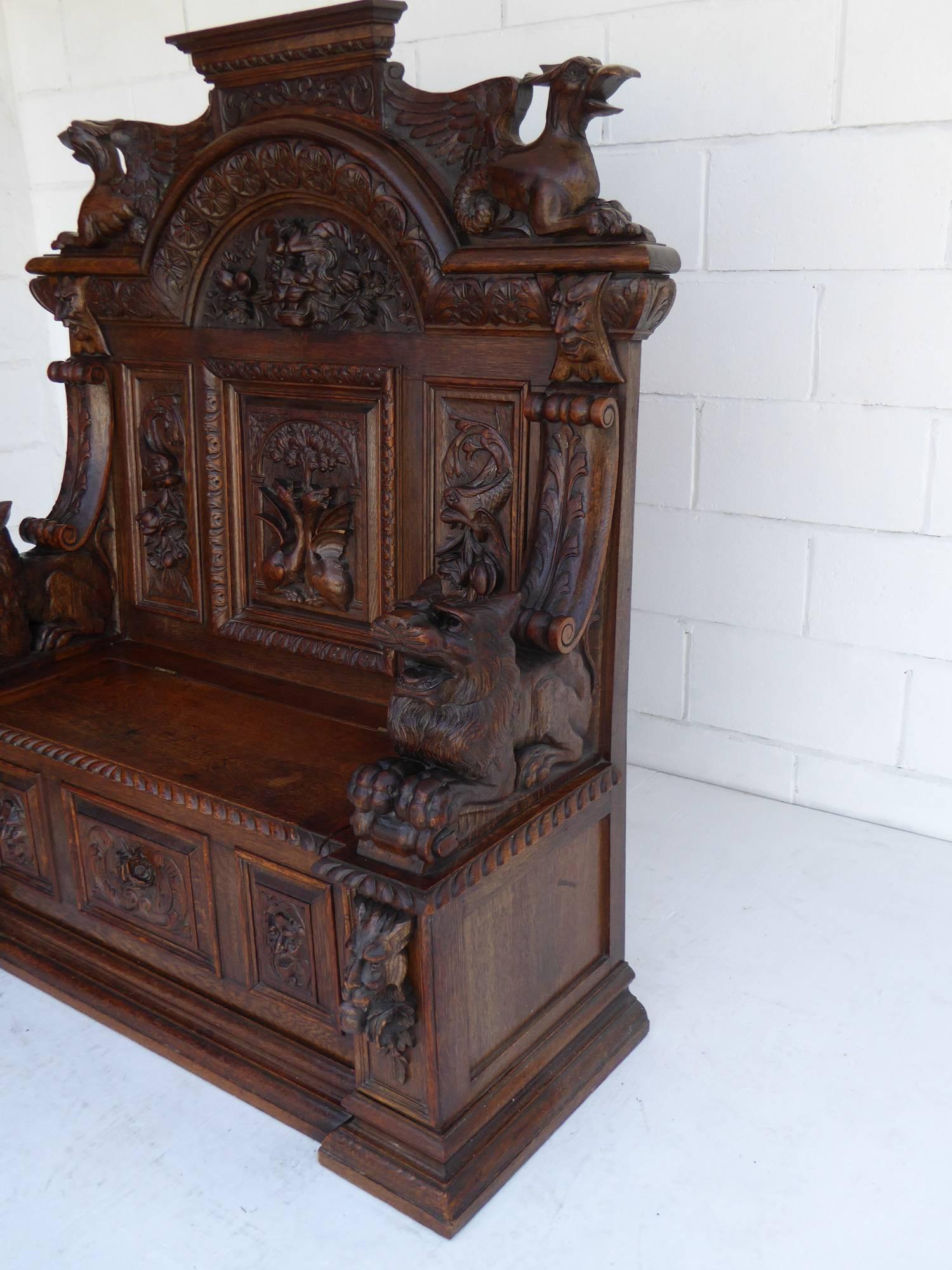 Superb 19th Century Carved Oak Bench 4