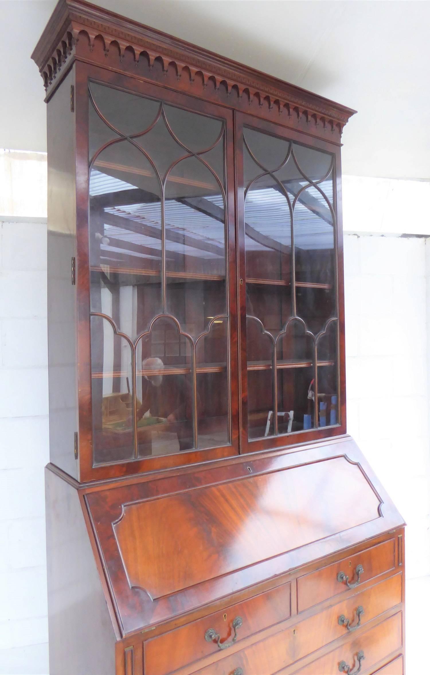 Good Quality Chippendale Style Secretary Bookcase In Good Condition In Chelmsford, Essex