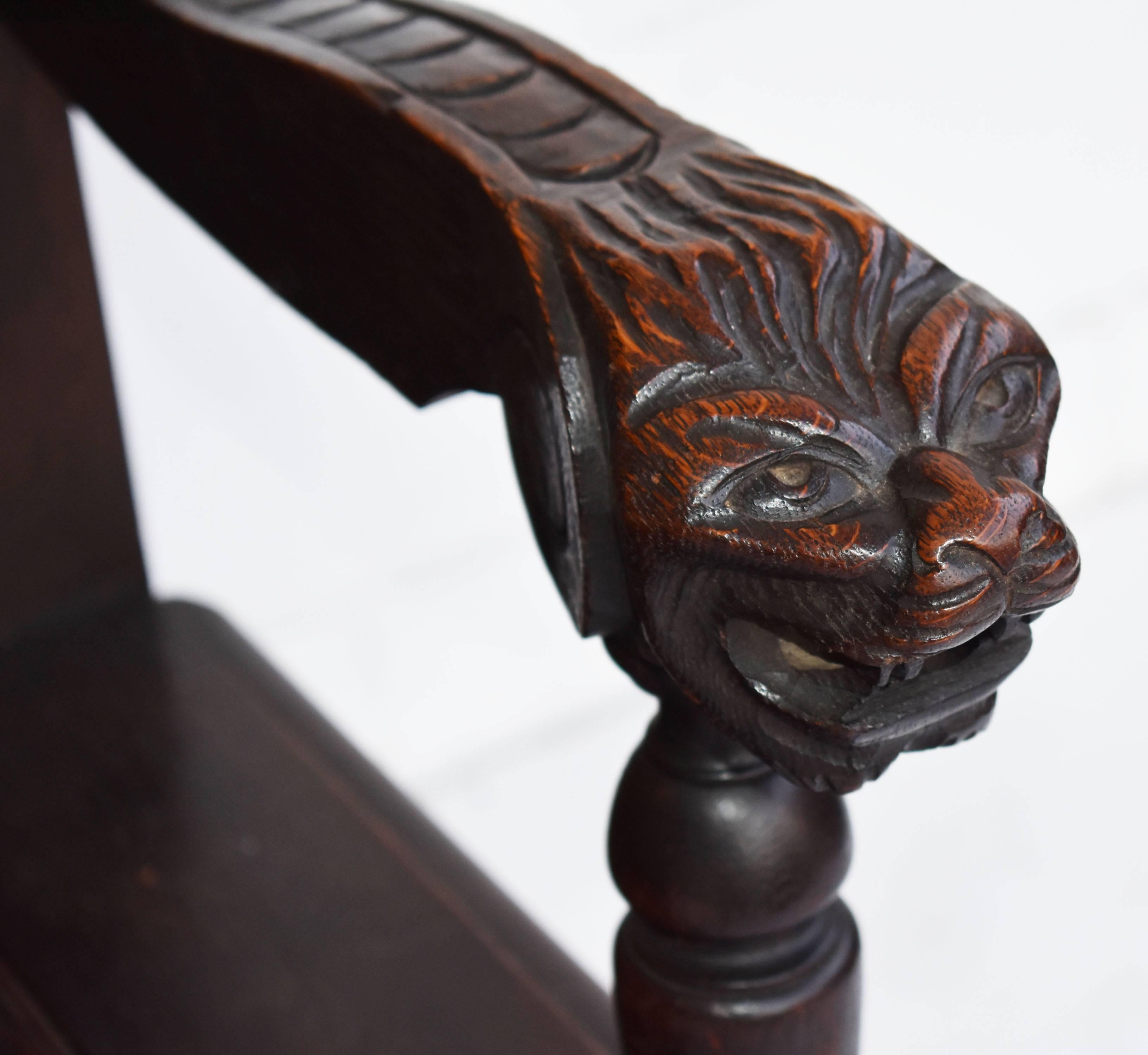 19th Century Carved Oak Monks Bench 2