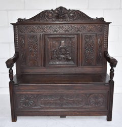 19th Century Carved Oak Monks Bench