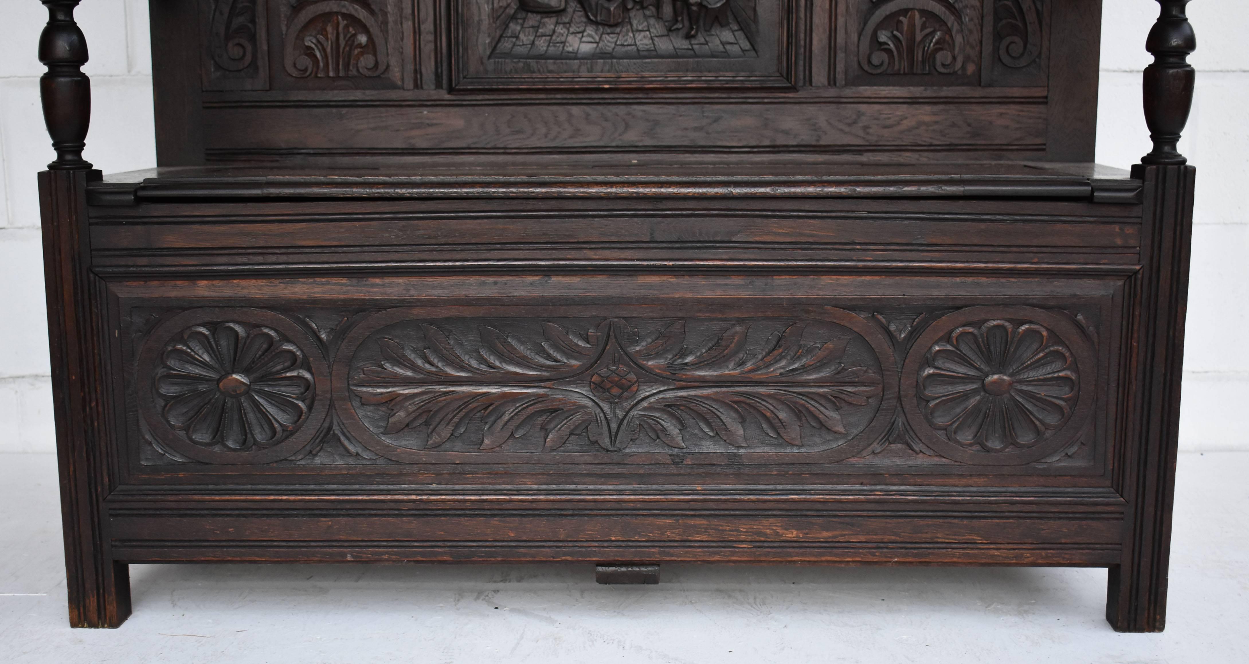 19th Century Carved Oak Monks Bench 3