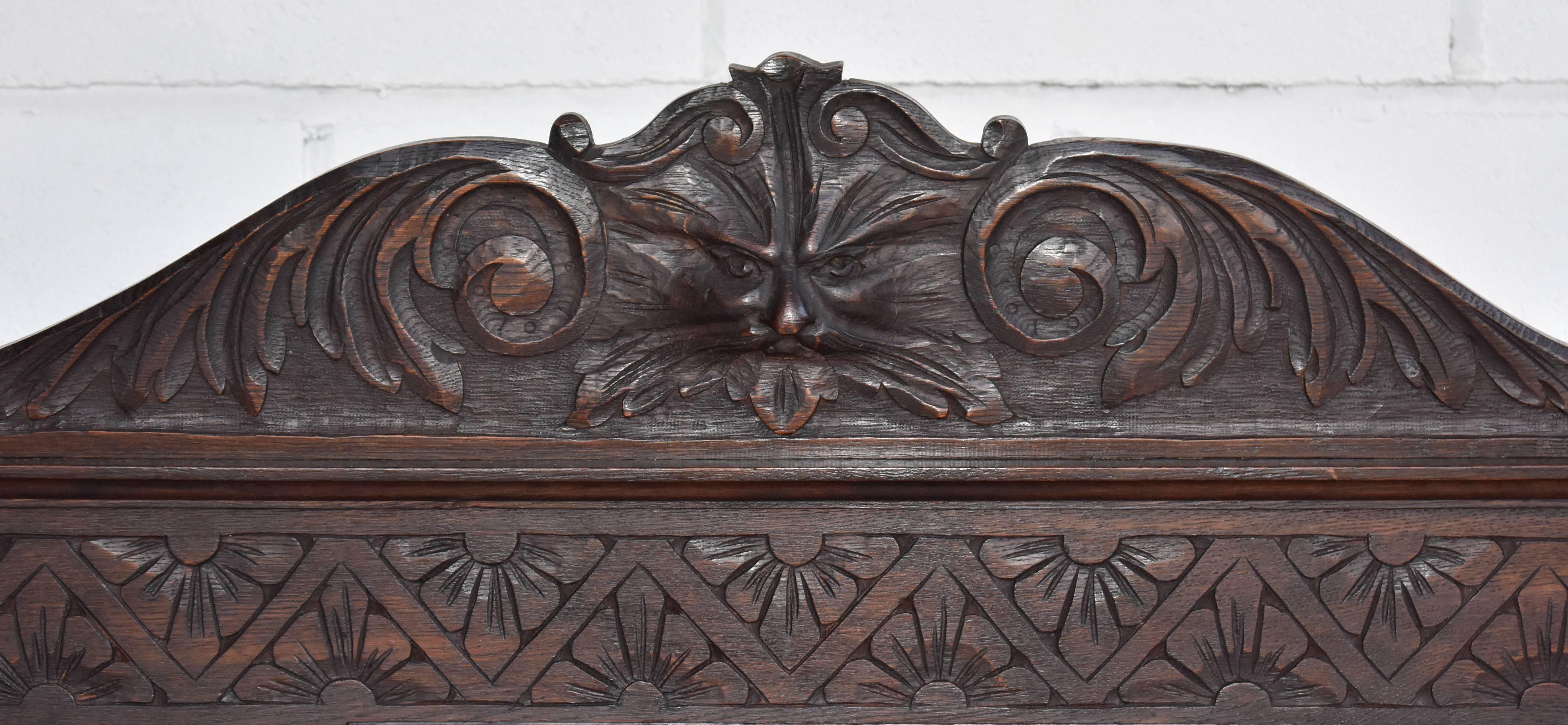 19th Century Carved Oak Monks Bench 1