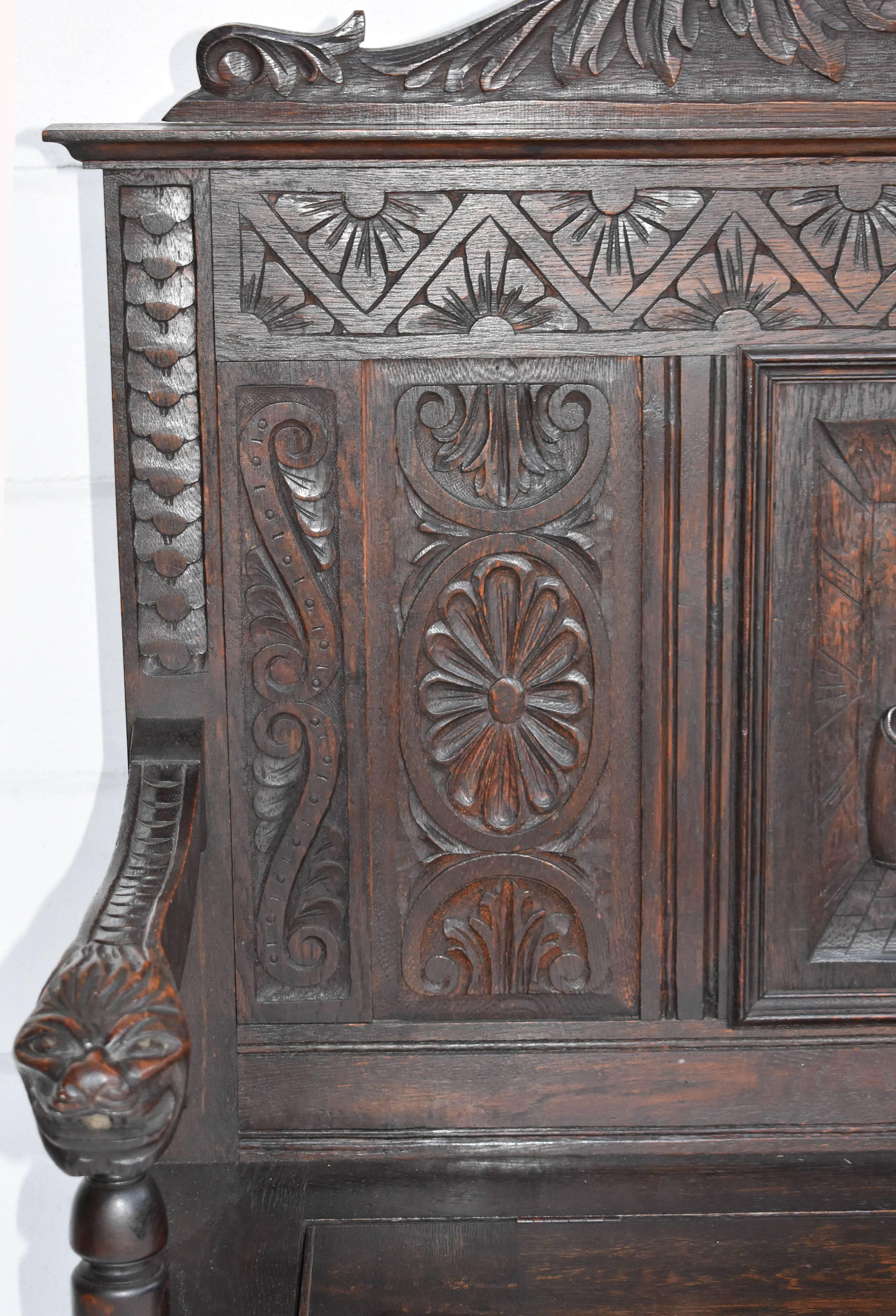 Victorian 19th Century Carved Oak Monks Bench