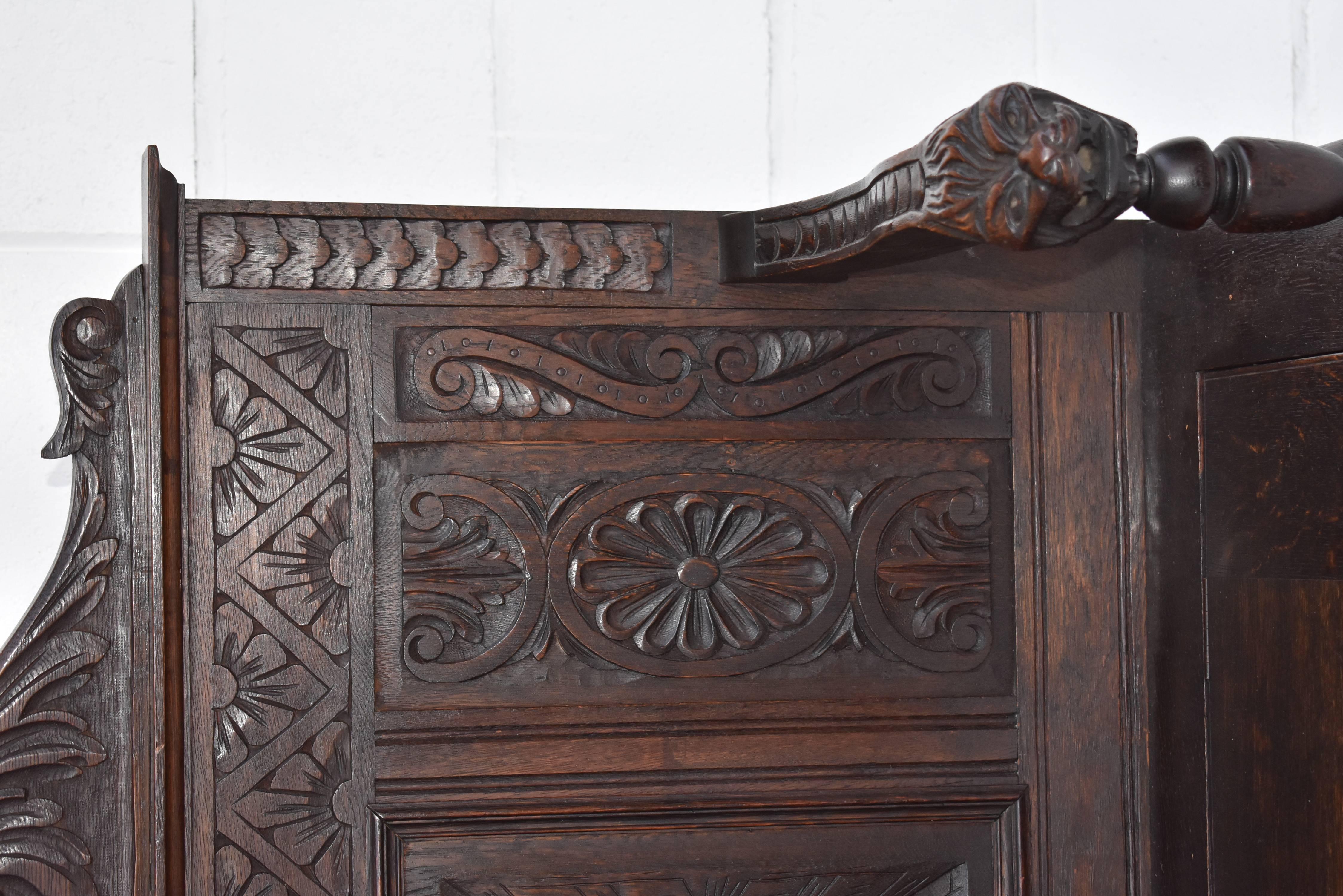 Hand-Carved 19th Century Carved Oak Monks Bench
