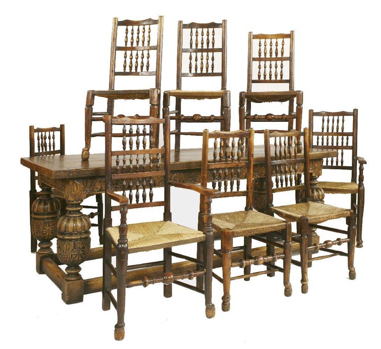 Antique Refectory Table Dining And Ten Chairs Oak Huge 17th Century 20th Century Carved Oak Refectory Table And 8 Lancashire Chairs