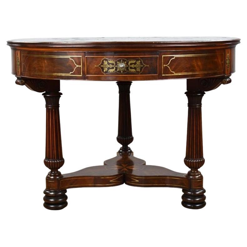 Regency Flame Mahogany Brass Inlaid Drum Table For Sale