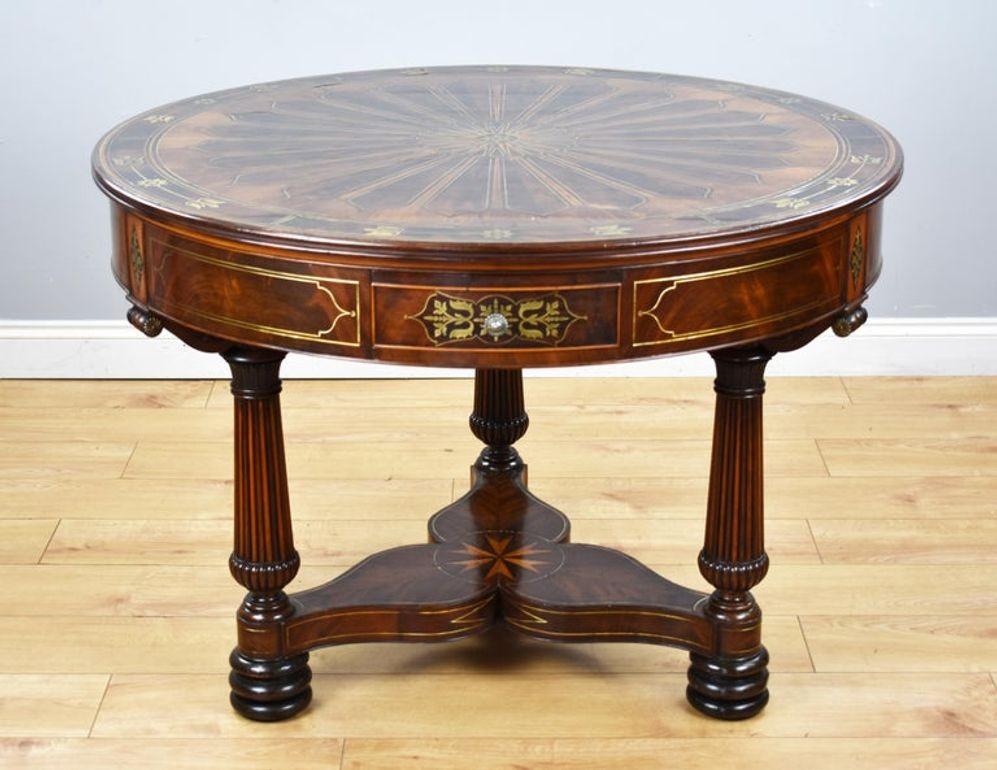 English Regency Flame Mahogany Brass Inlaid Drum Table For Sale