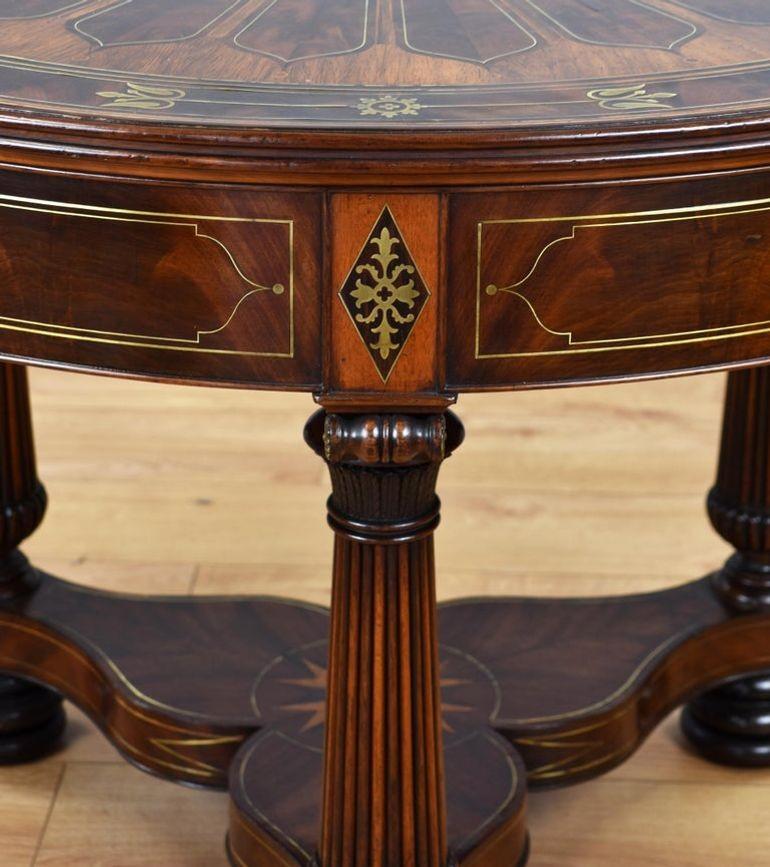 Regency Flame Mahogany Brass Inlaid Drum Table For Sale 2