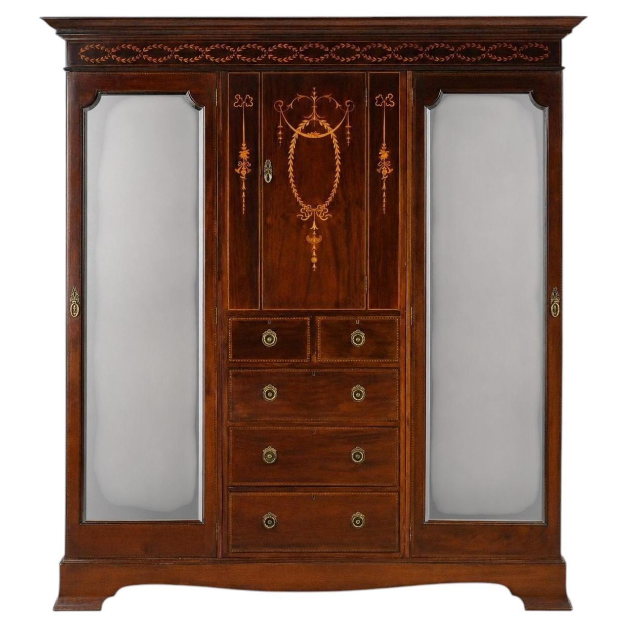 Edwardian Mahogany Inlaid Wardrobe For Sale