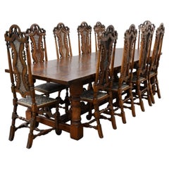 Large Oak Dining Table & 10 Carved High-Back Chairs