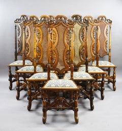 Large Oak Dining Table & 10 Carved High-Back Chairs